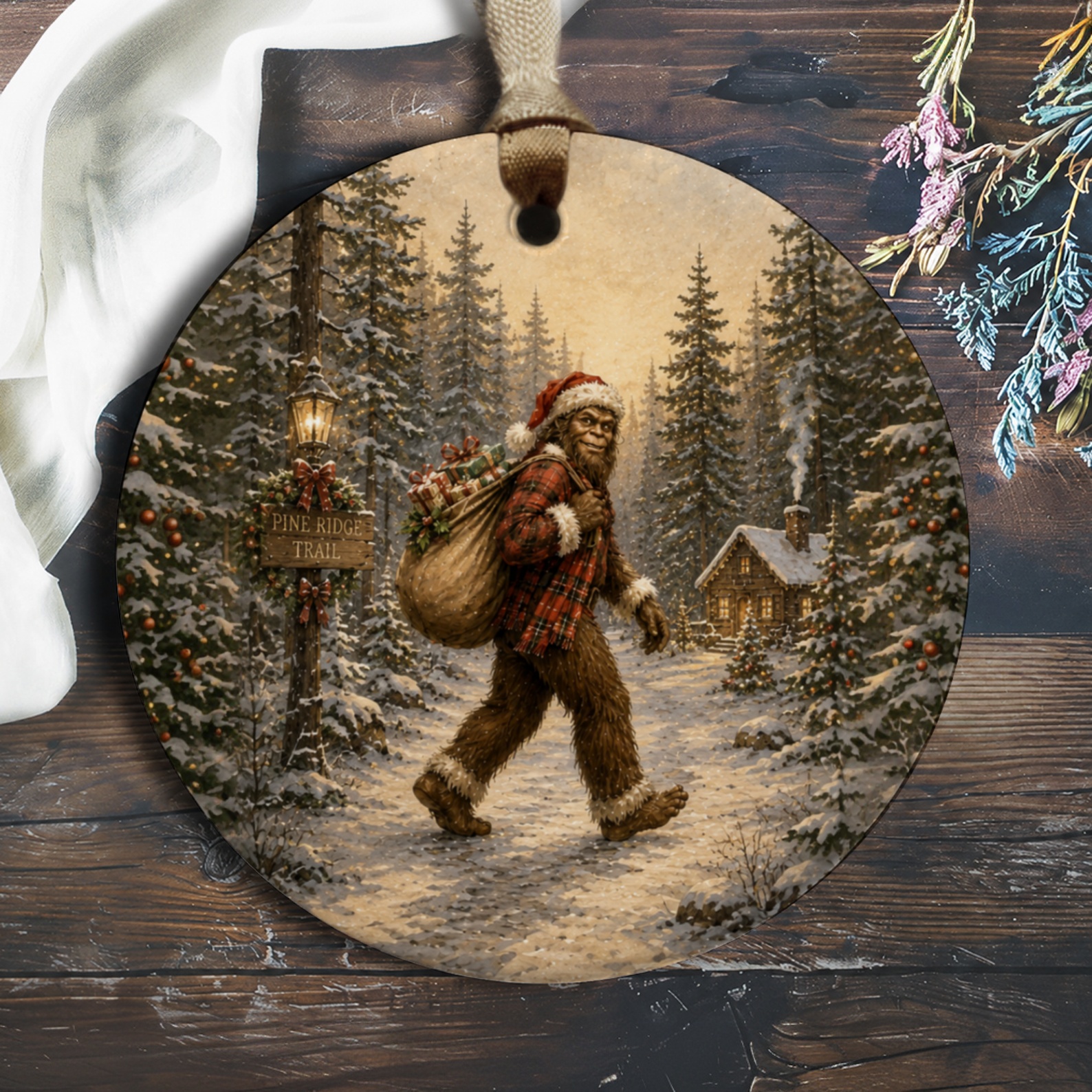 Pine Ridge Trail Bigfoot Christmas Ornament Santa Hat Holiday Decor Rustic Winter Scene Woodland Gift Idea O921