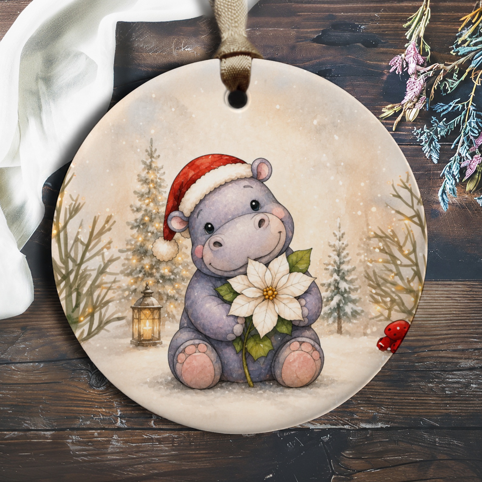 Cute Hippo Christmas Ornament Santa Hat Holiday Decor Adorable Animal Lover Gift Winter Wonderland Festive Tree Decoration O924