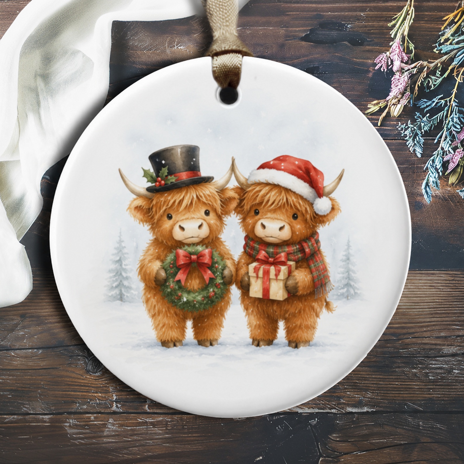 Highland Cow Christmas Ornament Cute Holiday Decor Festive Animal Ornament Winter Gift For Cow Lover Rustic Farmhouse Style O931