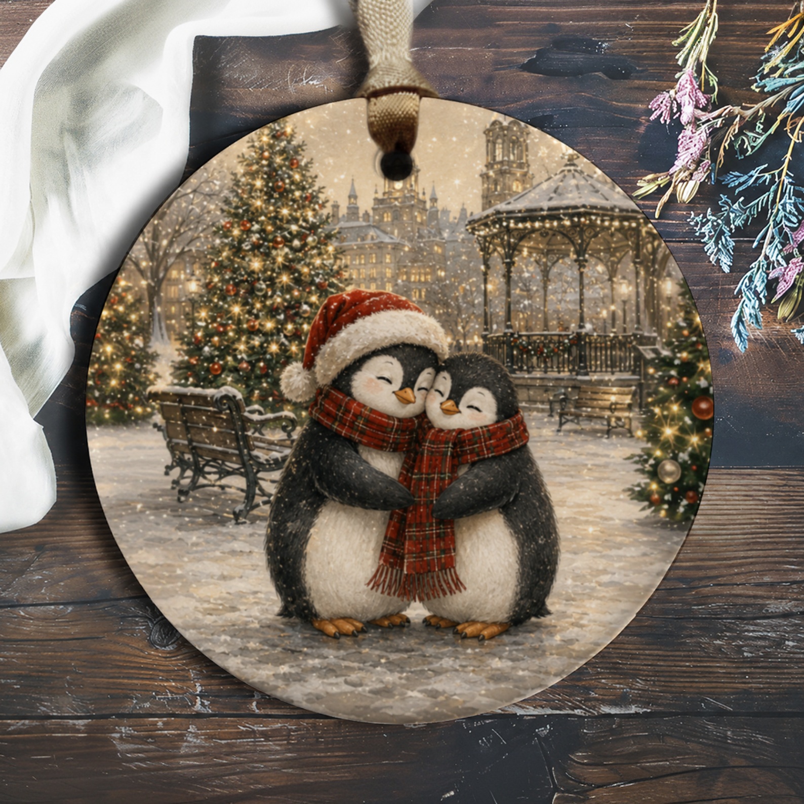 Penguin Couple Christmas Ornament Cute Winter Scene Holiday Decor Adorable Animal Ornament For Tree Festive Gift Idea O945