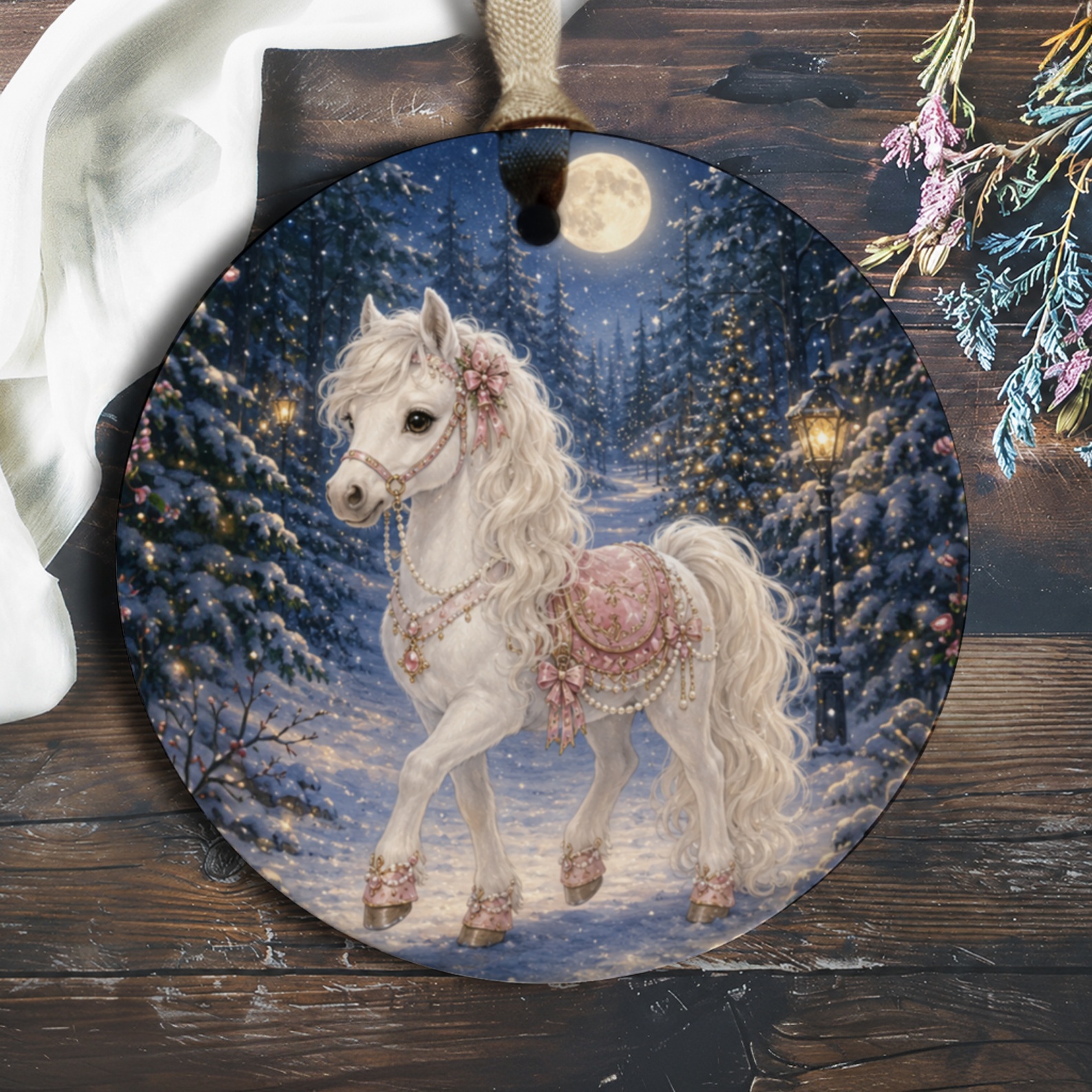 Elegant Horse Christmas Ornament Winter Scene Decoration Holiday Decor For Horse Lover Magical Snowy Night O950