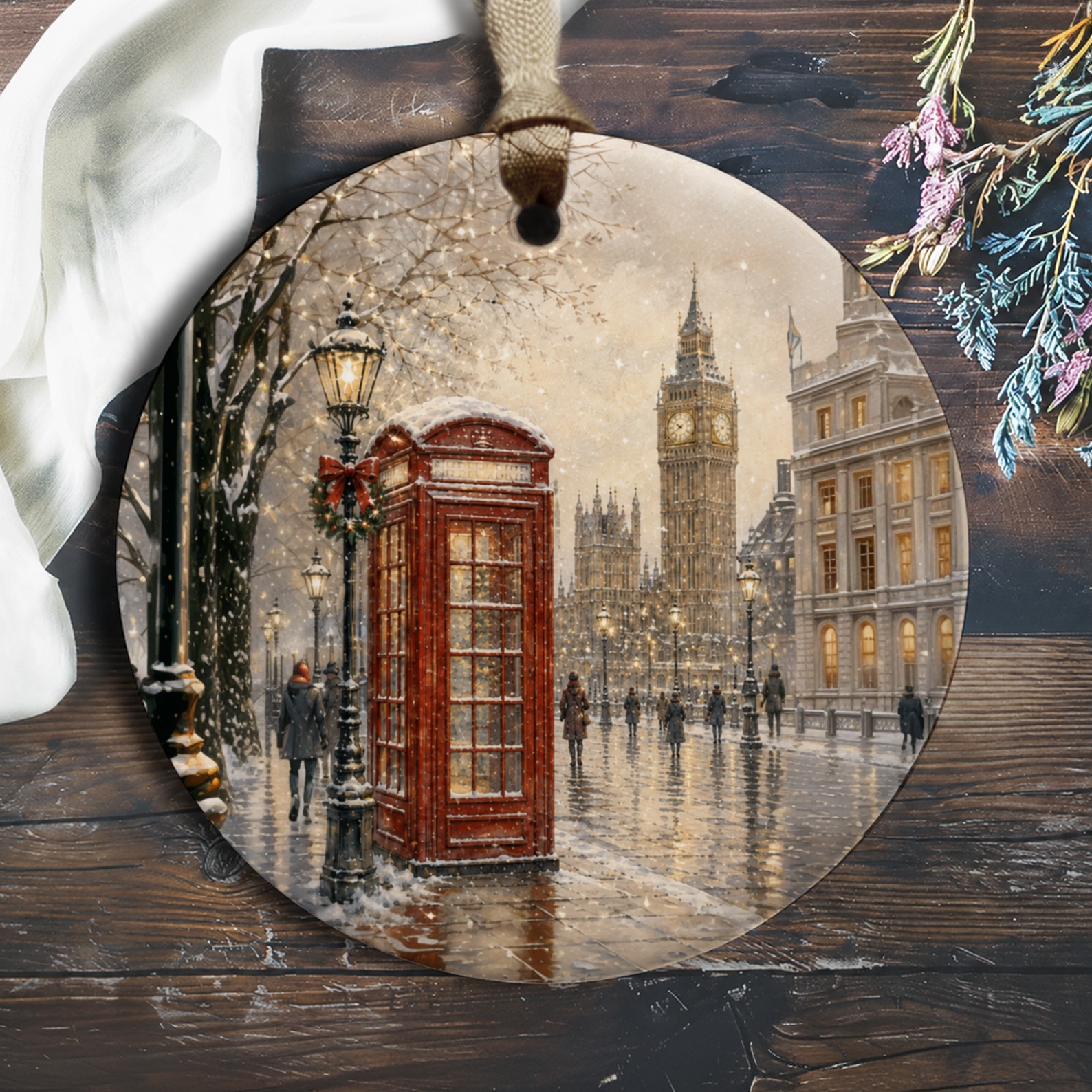London Winter Scene Ornament Christmas Decor Big Ben Snowy Street Red Phone Booth Holiday Decoration Gift O959