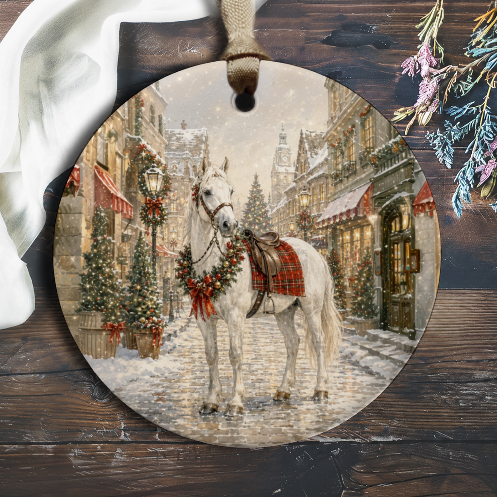 Festive Horse Ornament Christmas Decor Holiday Street Scene Winter Wonderland Decoration For Home Seasonal Gift O966