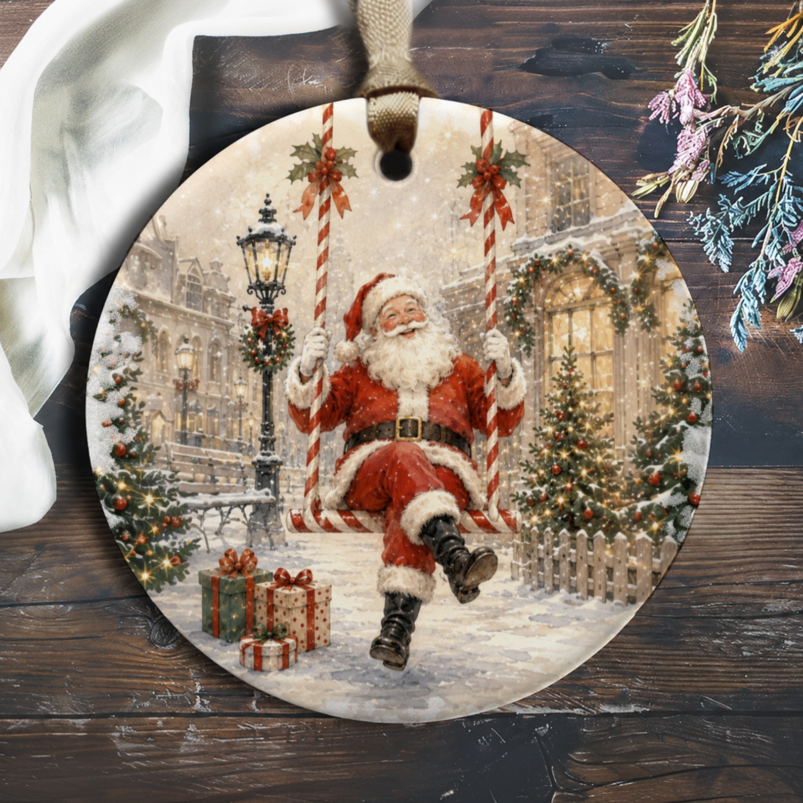 Santa On Swing Christmas Ornament Festive Holiday Decor Vintage Style Santa Claus Ornament Christmas Tree Decoration O961