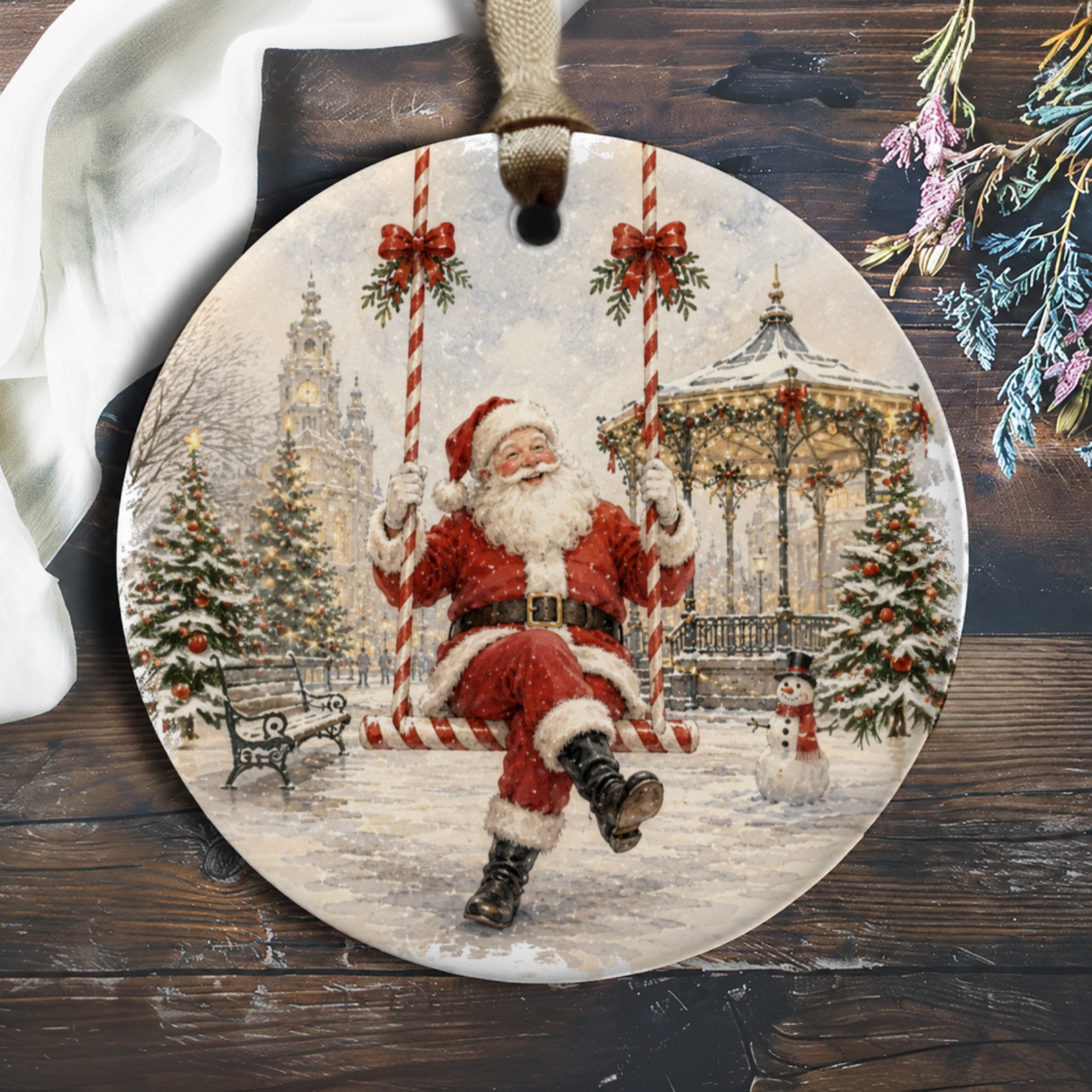 Santa On Swing Christmas Ornament Festive Holiday Decor Winter Wonderland Scene Tree Decoration Gift For Christmas Lovers O962