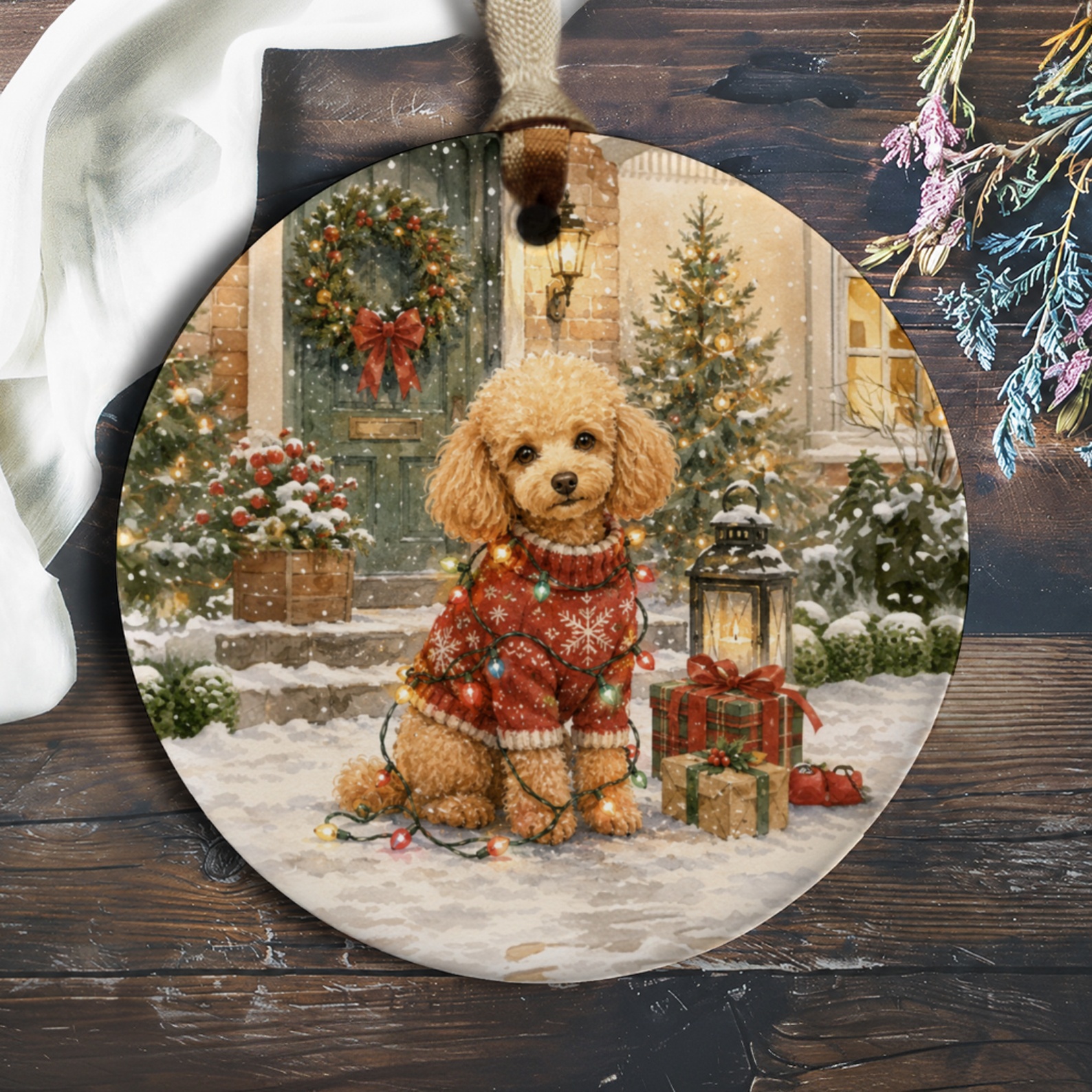 Poodle In Christmas Sweater Ornament Cute Holiday Decor Dog Lover Gift Winter Scene Festive Home Decoration O970