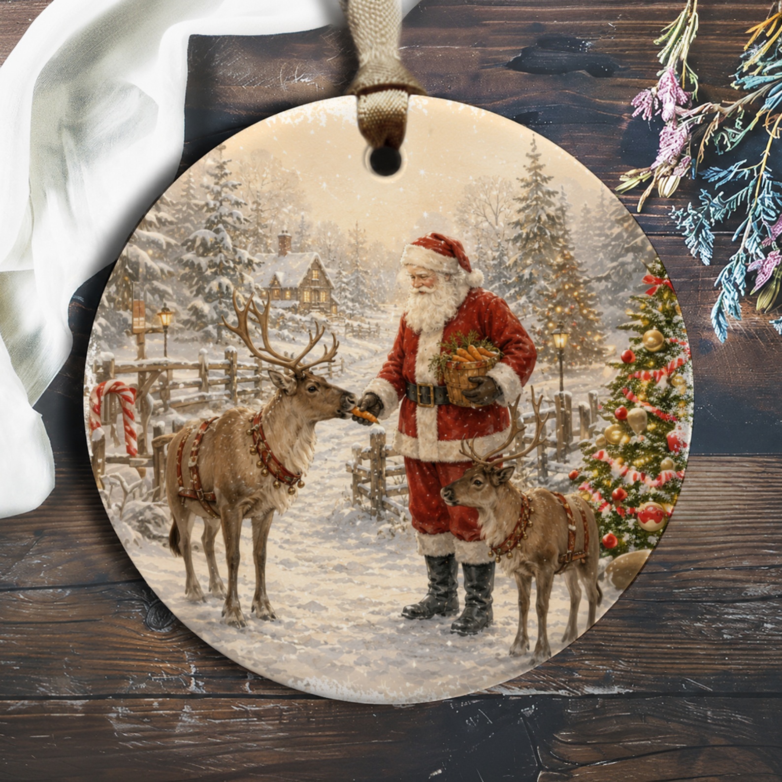 Santa With Reindeer Christmas Ornament Festive Holiday Decor Winter Scene Tree Decoration Vintage Inspired O973