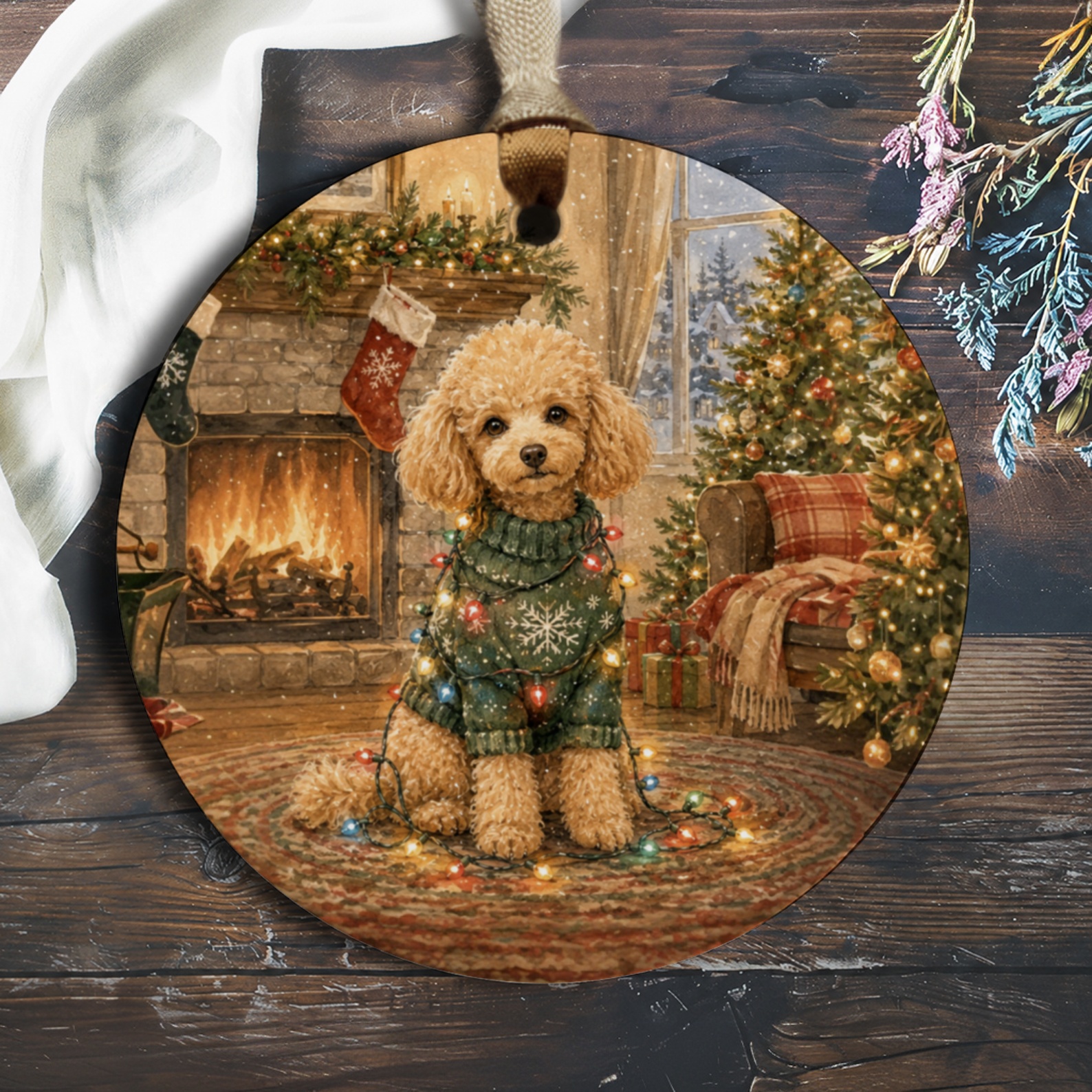 Poodle In Christmas Sweater Ornament Holiday Decor Cute Dog Lover Gift Festive Tree Decoration Cozy Winter Scene O971