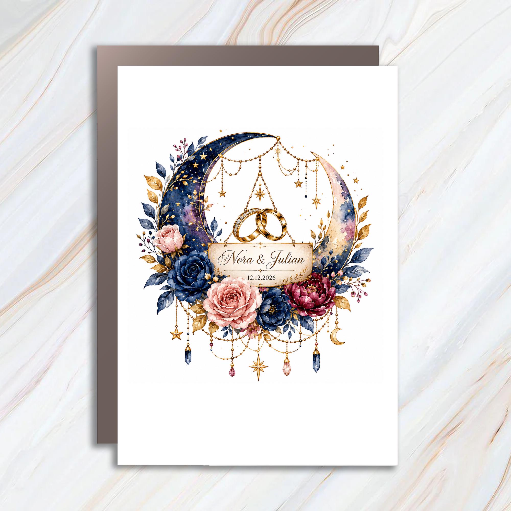 Personalized Floral Moon Wedding Card for Couple, Romantic Celestial Wedding Keepsake, Elegant Marriage Congratulations Card C1101