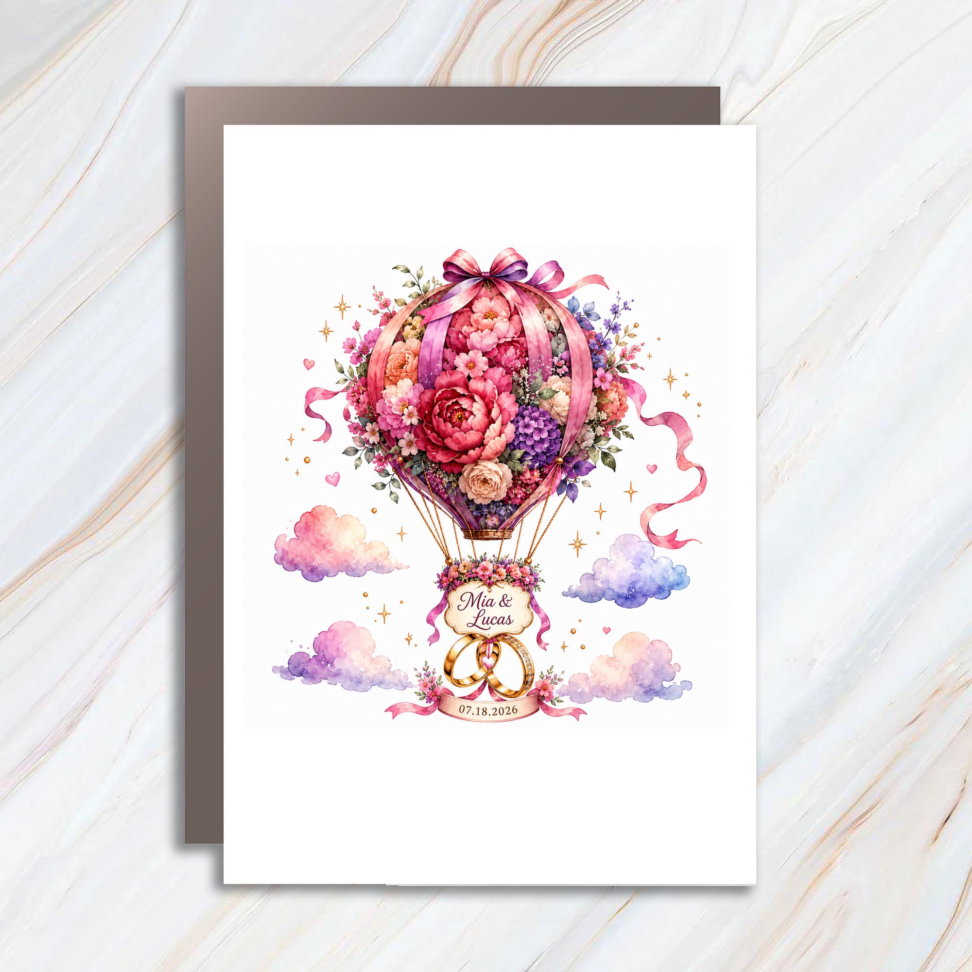 Personalized Wedding Card for Couple, Floral Hot Air Balloon Wedding Card, Romantic Marriage Congratulations, Custom Wedding Card C1104