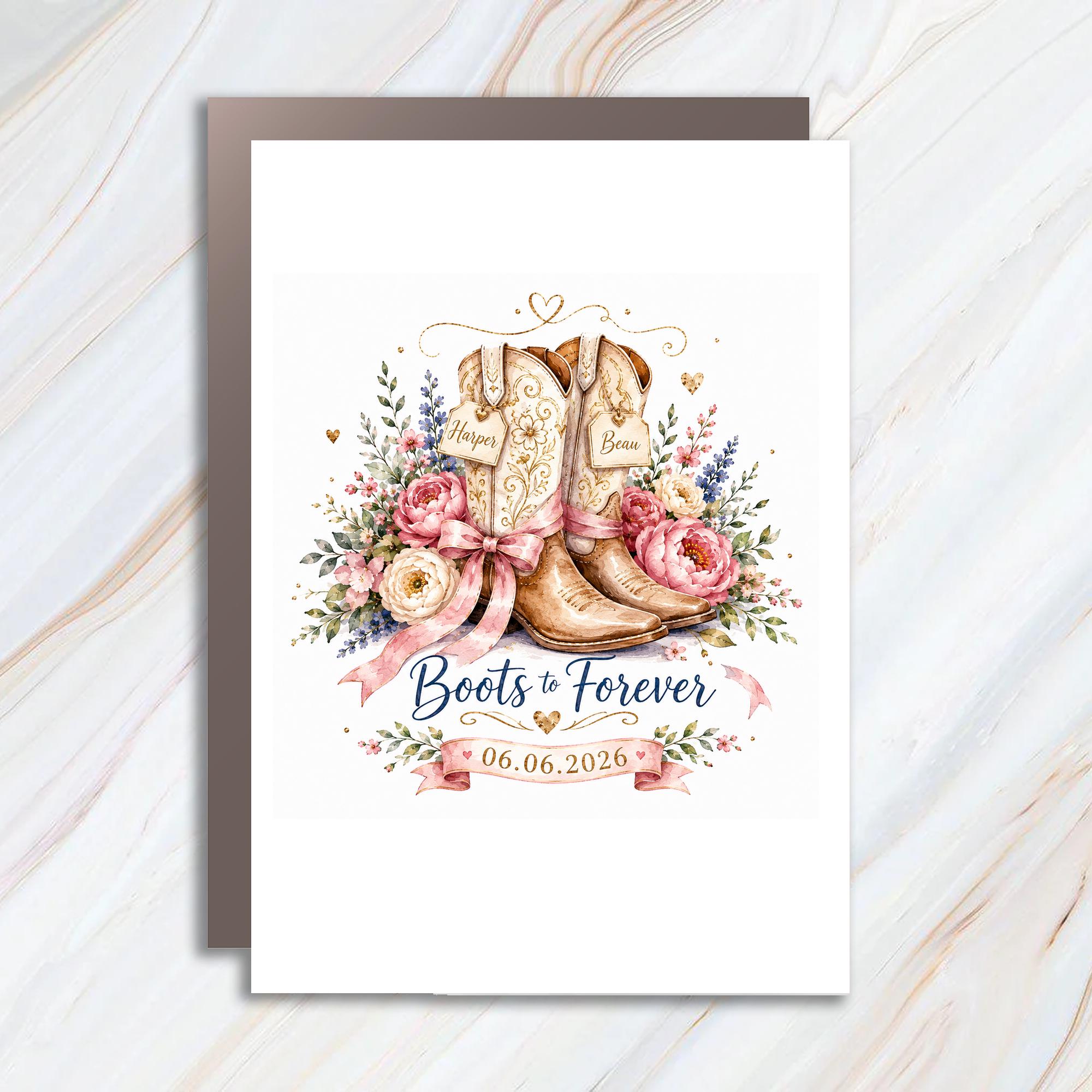 Boots To Forever Wedding Card Cowboy Boots Floral Arrangement Romantic Western Theme Personalized Date Keepsake C1108