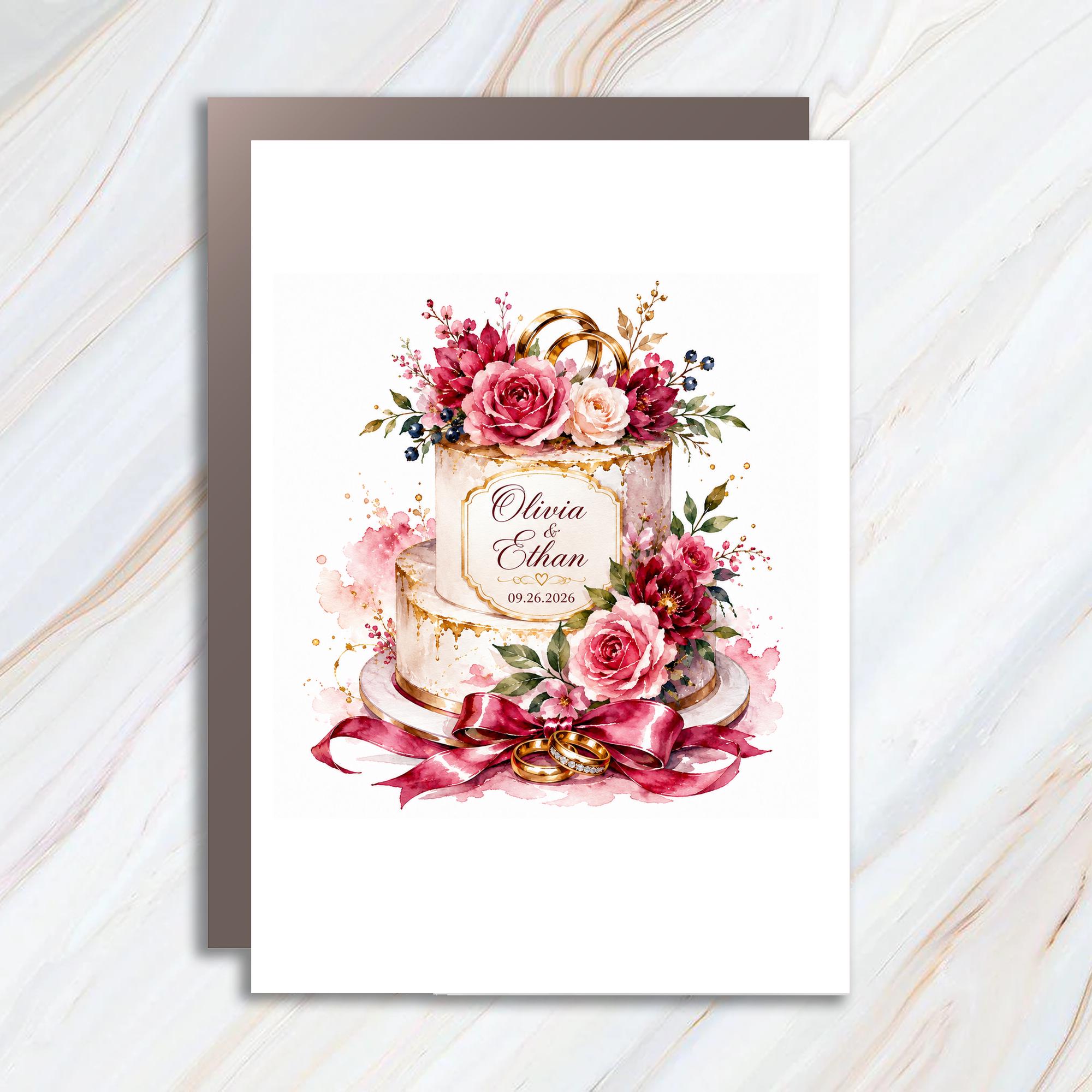 Personalized Wedding Card for Couple, Elegant Floral Wedding Cake Card, Romantic Marriage Congratulations, Custom Wedding Card C1102