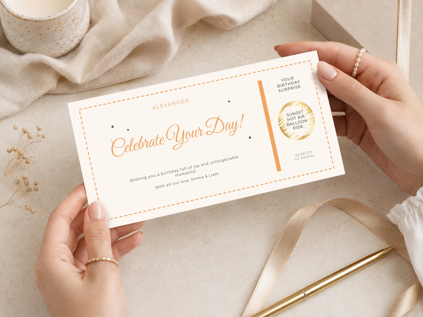 Celebrate Your Day! Birthday Voucher Sunset Hot Air Balloon Ride Surprise Gift For Him Her Scratch To Reveal VP3