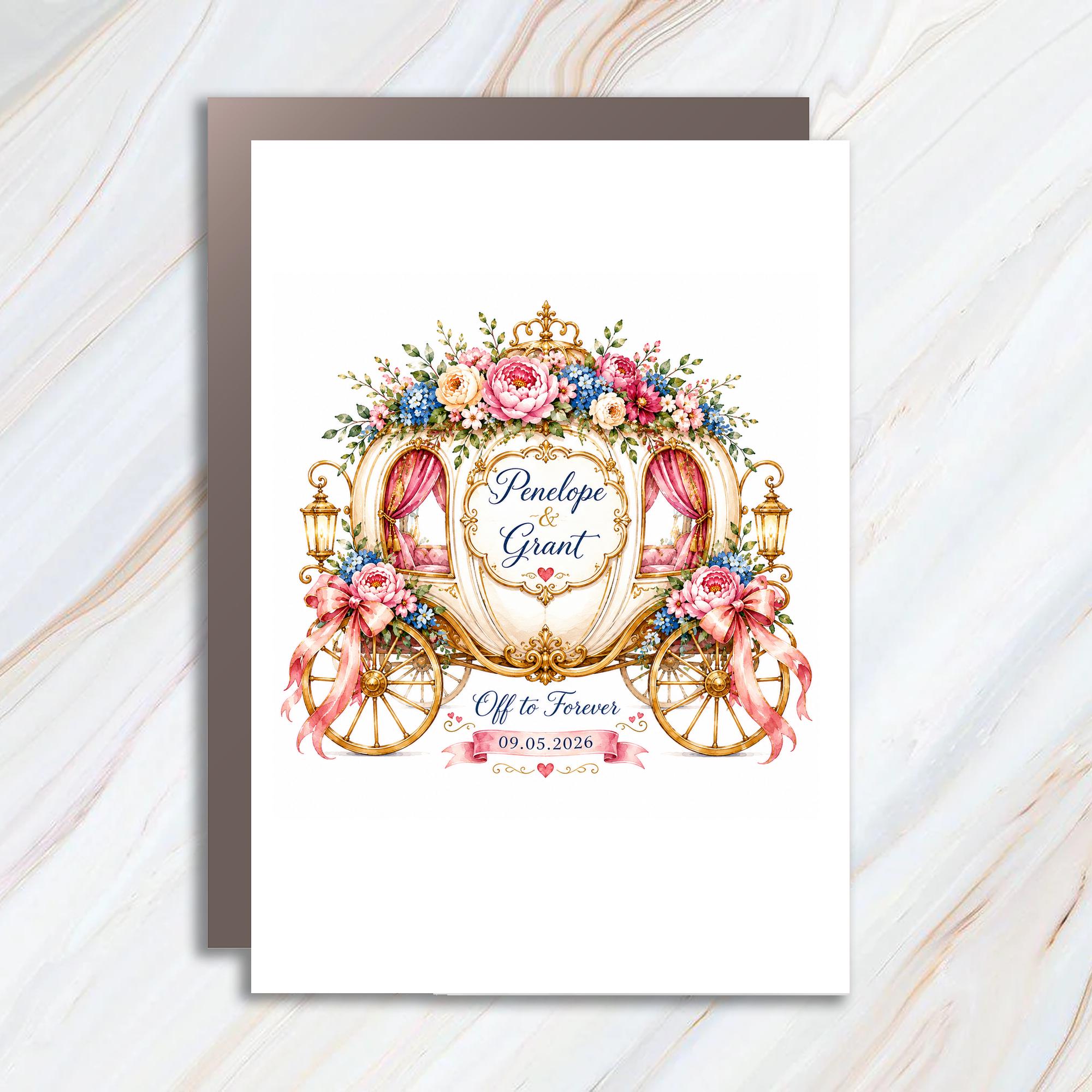 Personalized Wedding Card for Couple, Floral Carriage Wedding Card, Off to Forever Romantic Newlyweds, Custom Wedding Card C1106
