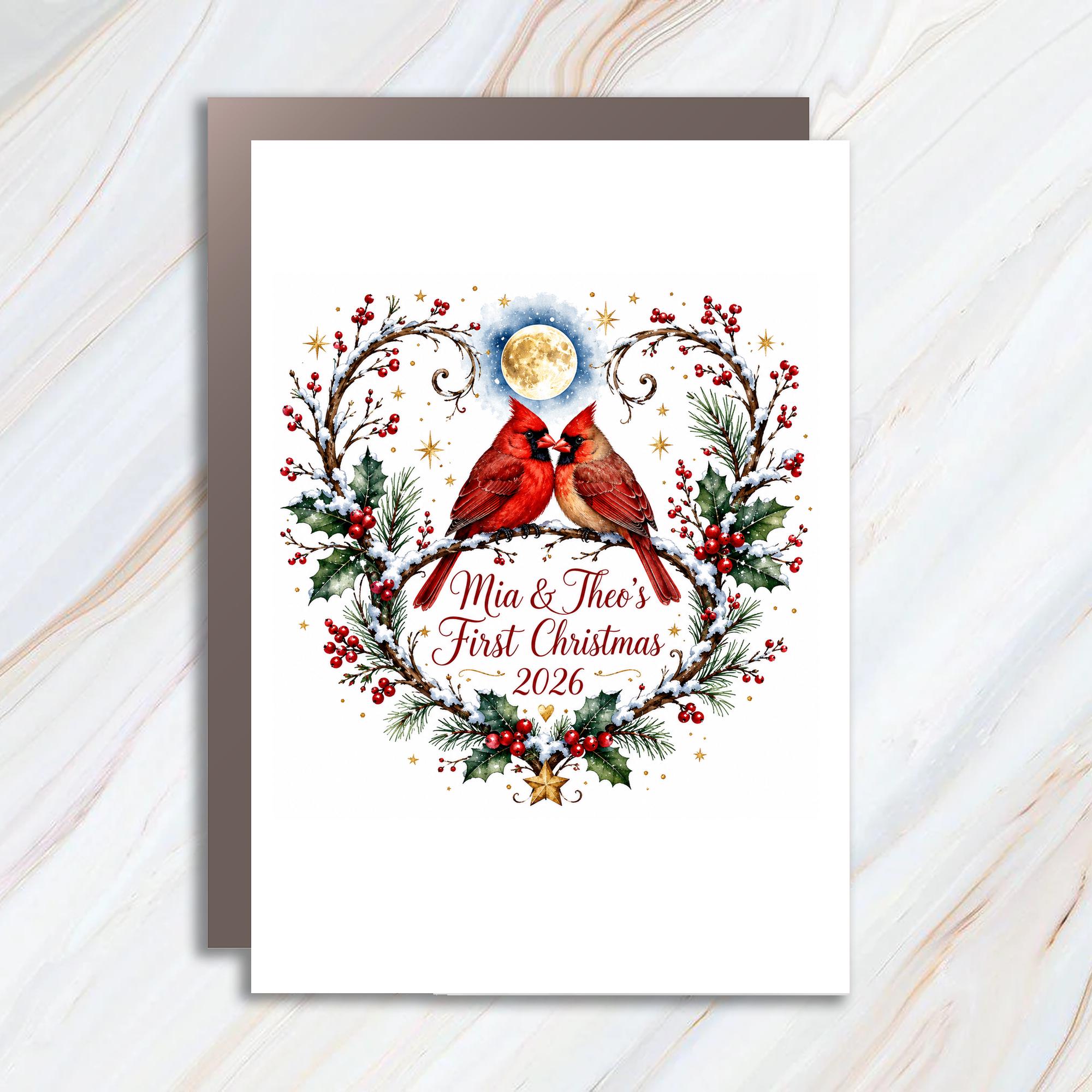 Custom First Christmas 2026 Personalized Christmas Card Couple's First Holiday Cute Cardinals Winter Scene C1112