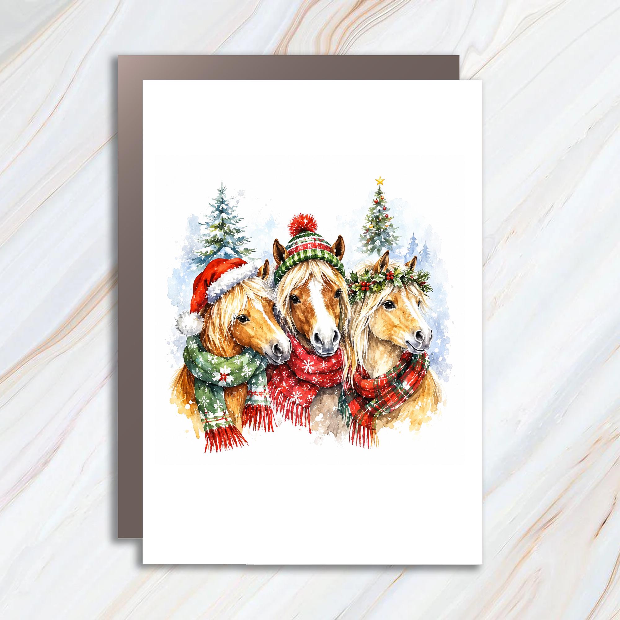 Horses In Christmas Attire Greeting Card Festive Holiday Card For Horse Lover Cute Winter Animal Card Christmas Card C1116