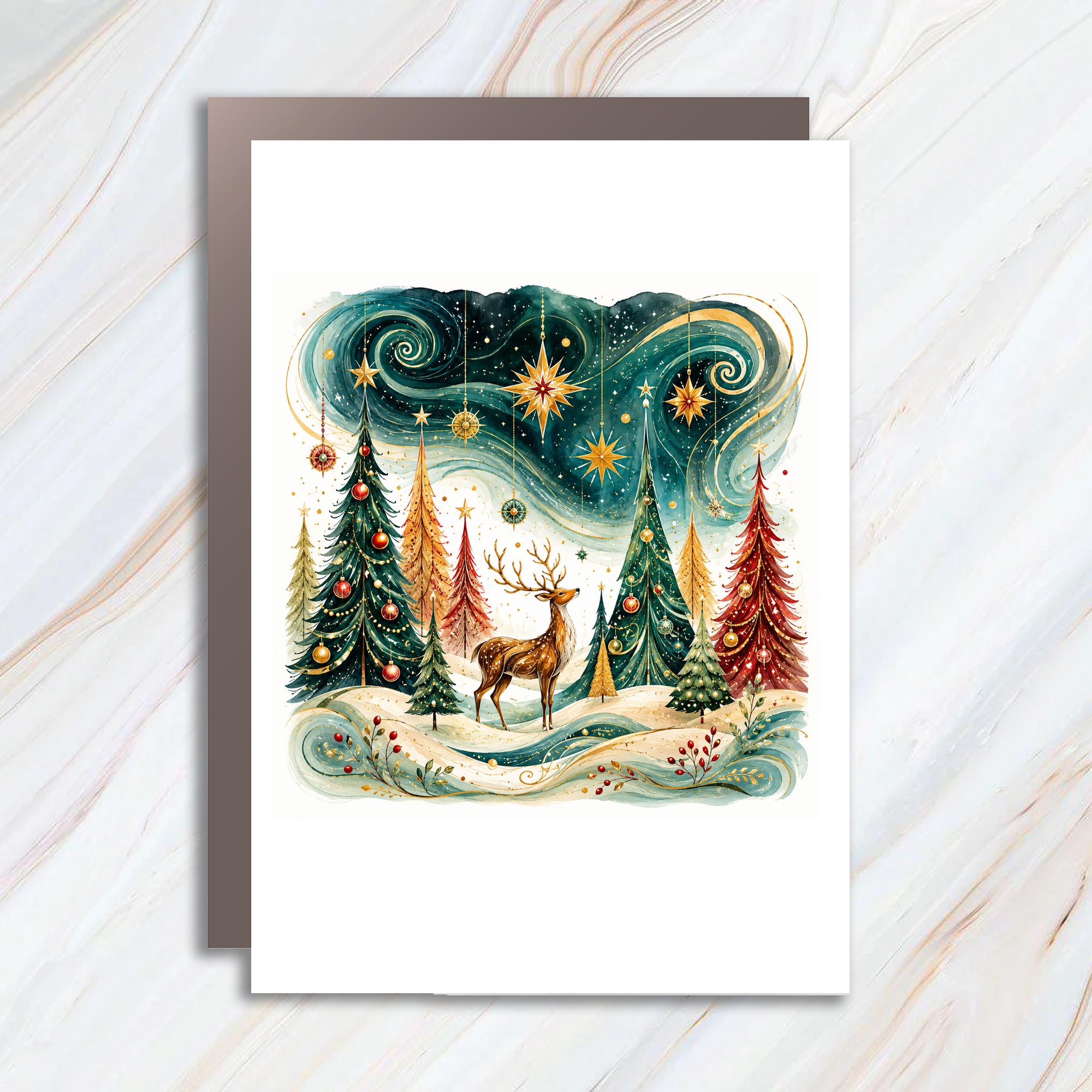 Winter Forest Reindeer Christmas Card Festive Holiday Greeting Card For Nature Lover Starry Night Scene Seasonal Art C1118