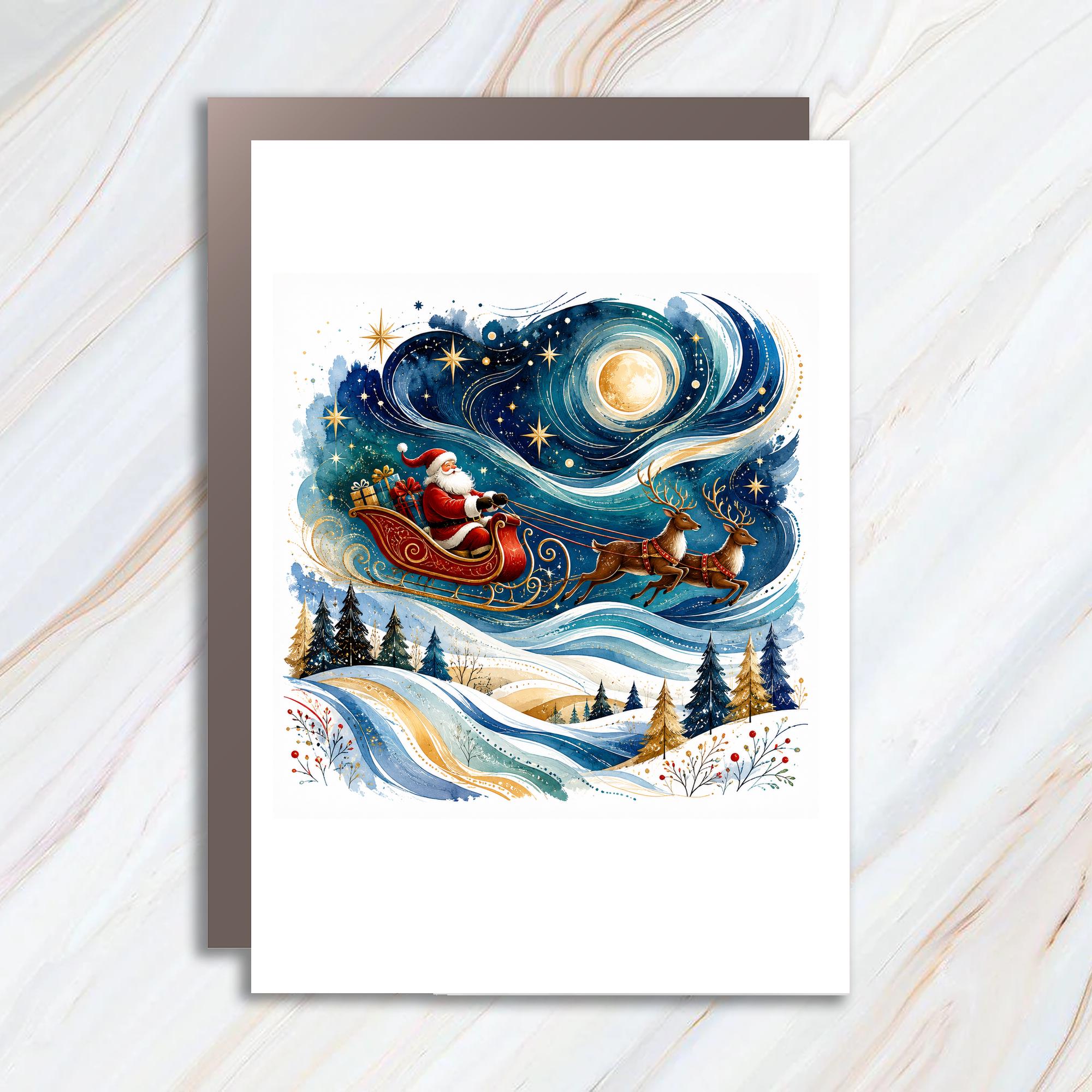 Santa Sleigh Christmas Card Festive Holiday Greeting Card Winter Wonderland Scene For Family Friends Cute Seasonal Card C1119