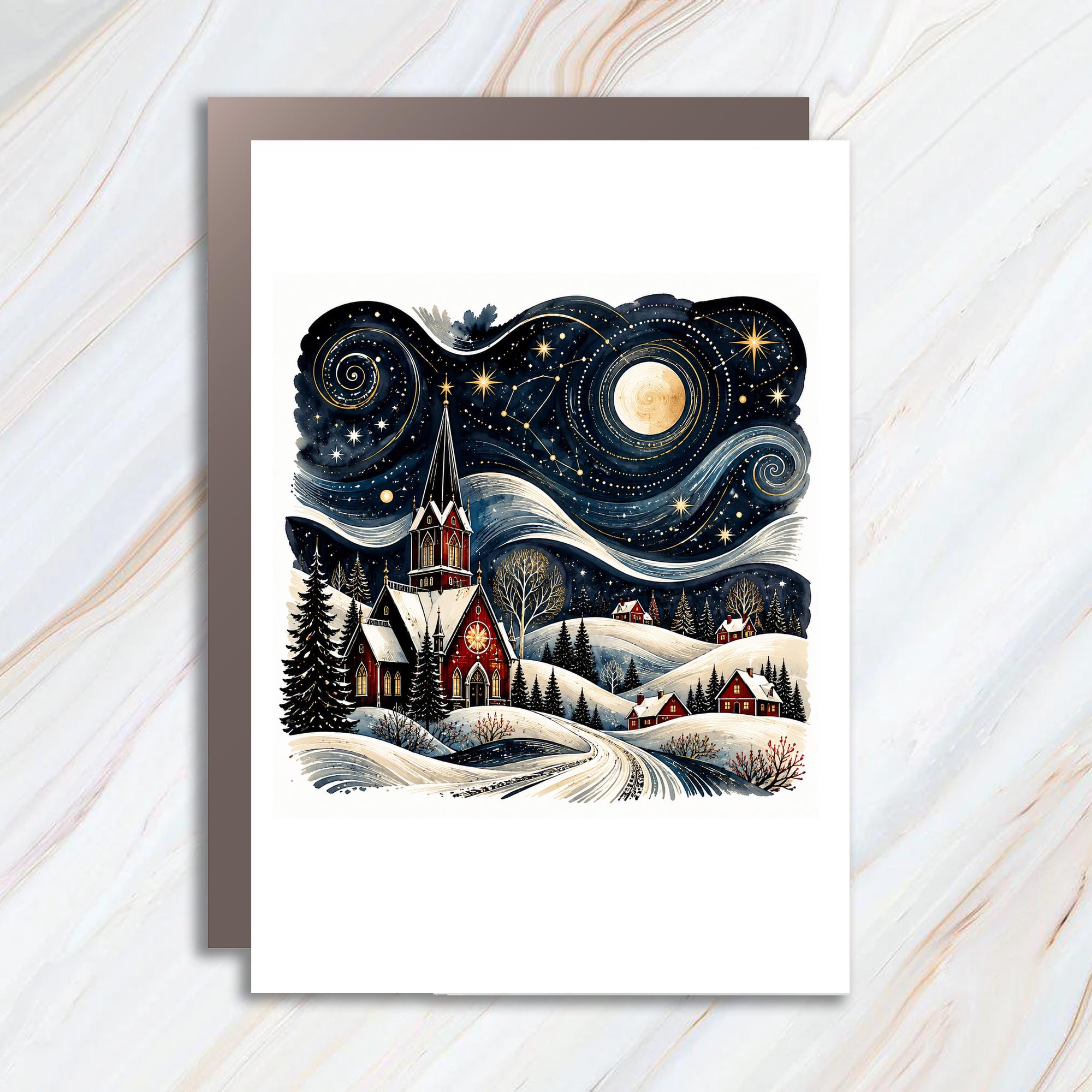 Starry Night Winter Scene Christmas Card Church Snowy Landscape Holiday Greeting Card For Family Festive Art C1120