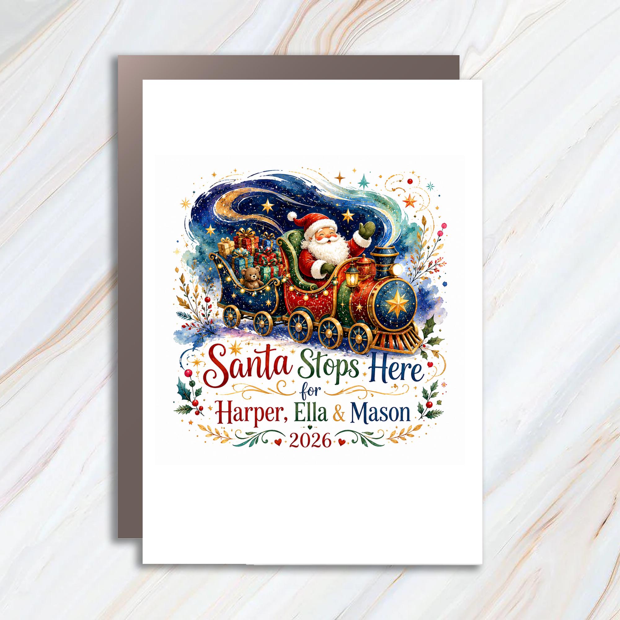 Custom Family Card Santa Stops Here 2026 Christmas Card Personalized Holiday Greeting Card Festive Santa Train C1114