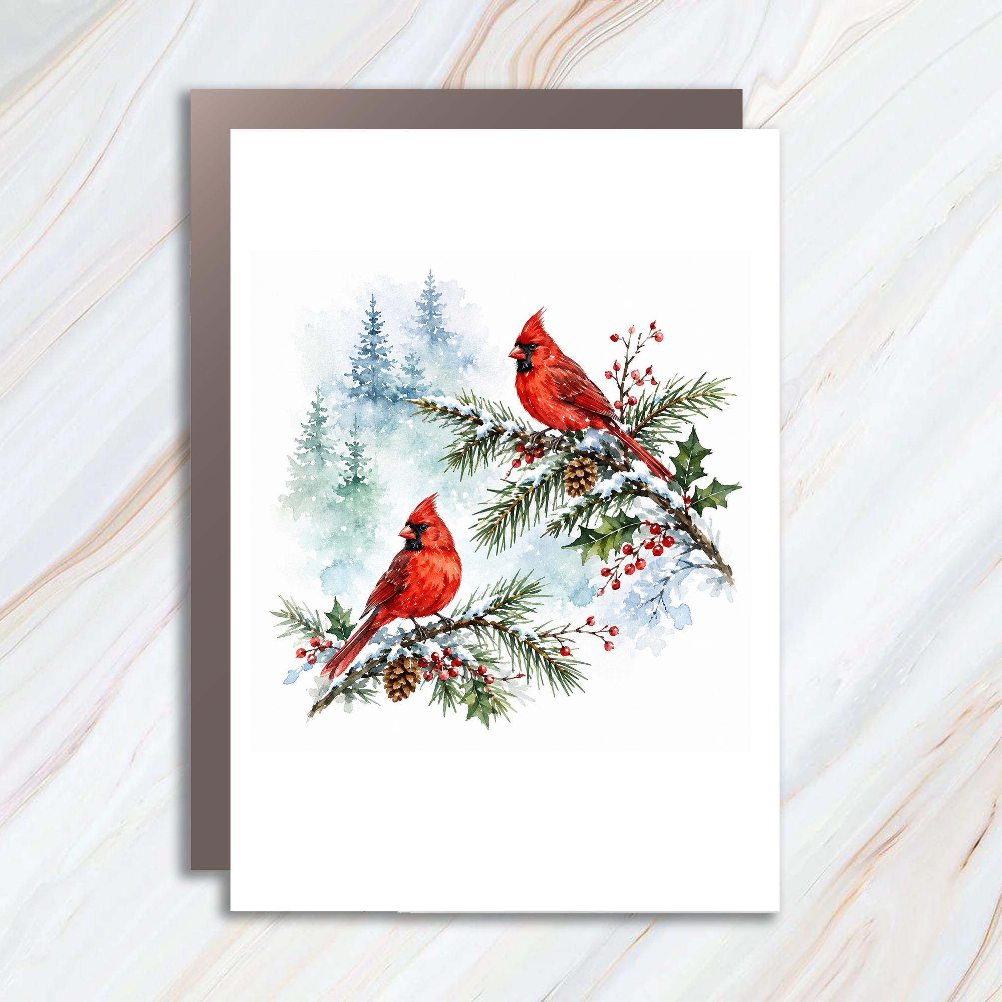 Cardinals On Snowy Branches Christmas Card Watercolor Winter Scene Greeting Card For Bird Lover Nature Holiday Card C1117