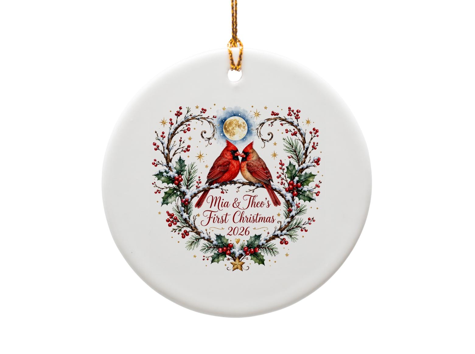 Custom First Christmas 2026 Ornament Personalized Holiday Decor Cardinals Holly Snow Newlywed Keepsake O1112