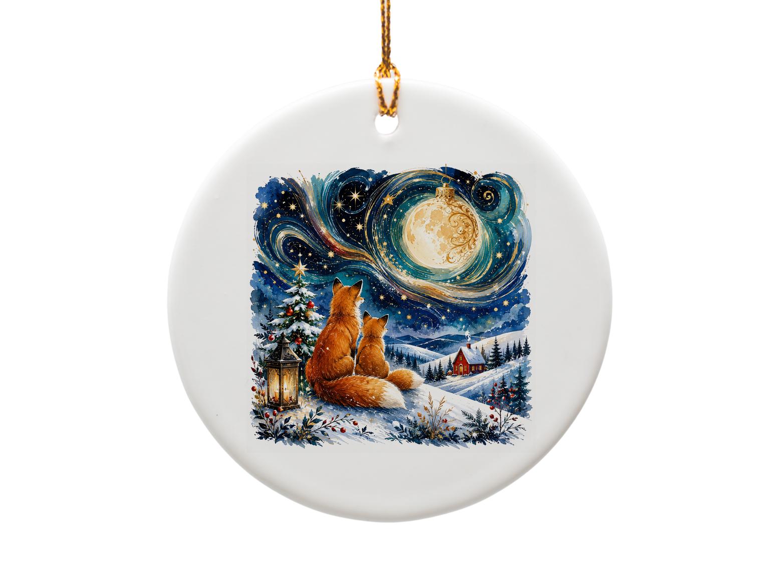 Foxes Under Starry Sky Christmas Ornament Winter Scene Holiday Decor Woodland Animal Ornament For Nature Lovers O1125