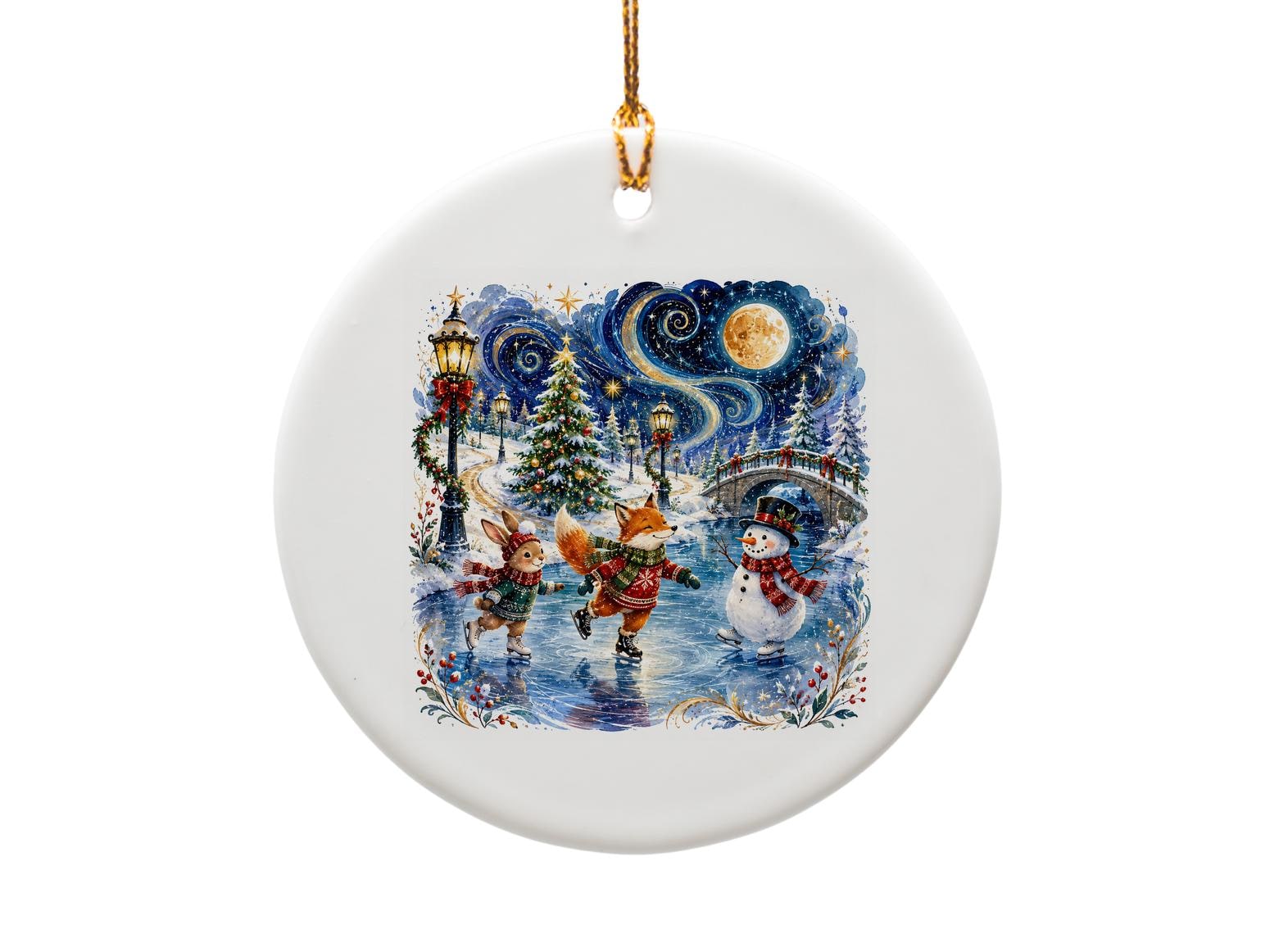Christmas Ornament Fox And Rabbit Ice Skating With Snowman Winter Scene Holiday Decor Cute Animal Ornament O1124