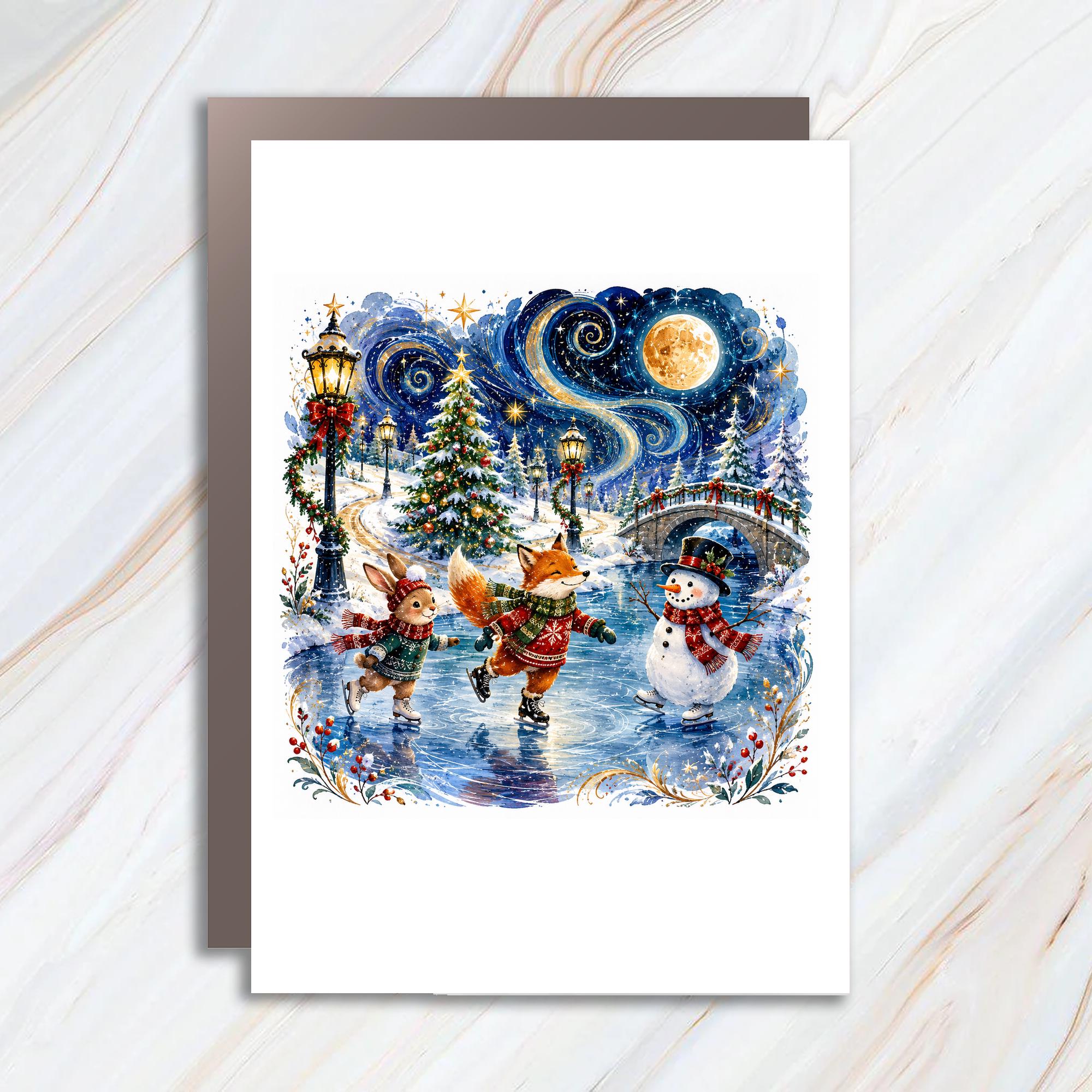 Fox And Rabbit Ice Skating Christmas Card Cute Winter Scene Holiday Greeting Card For Animal Lover Festive Snowman C1124