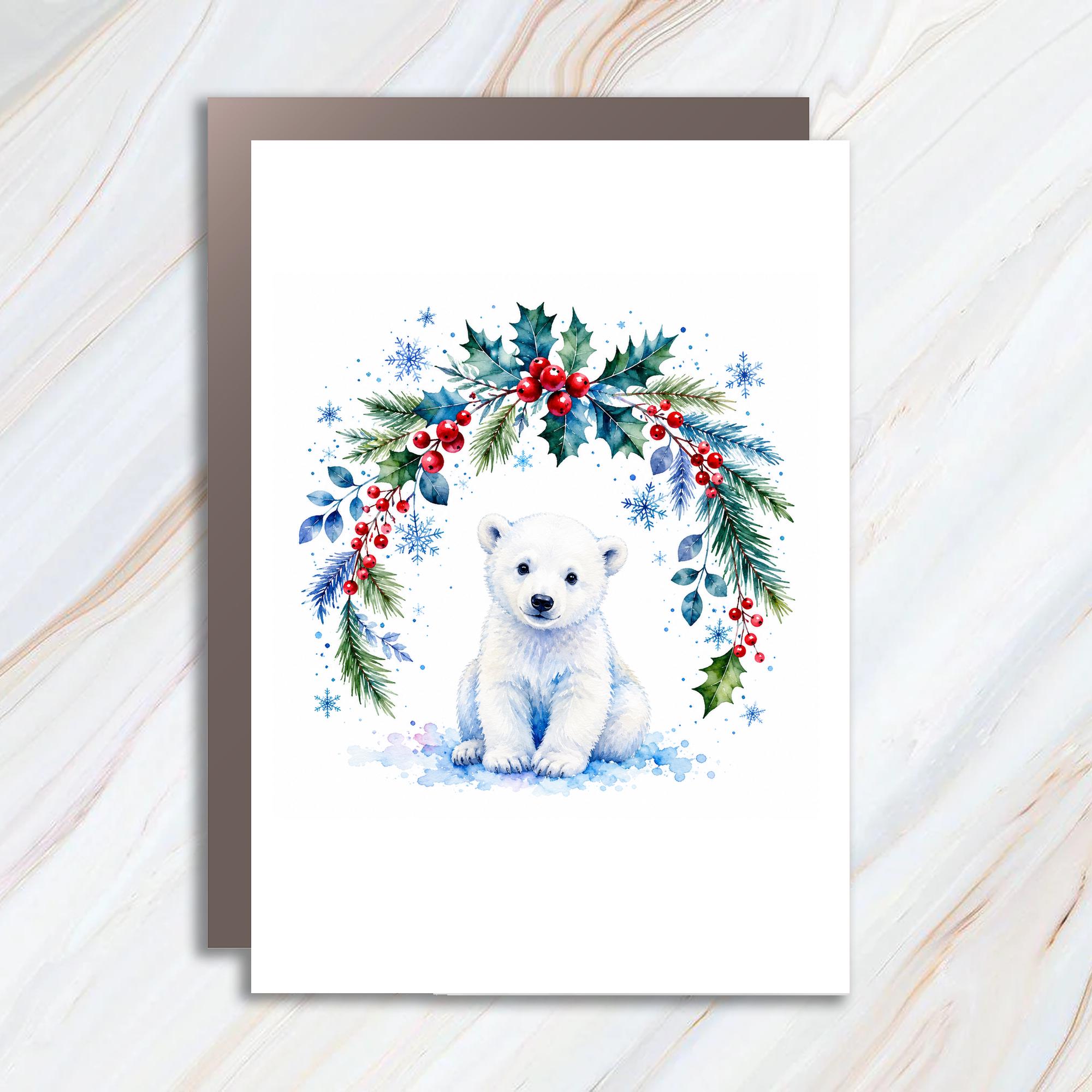 Polar Bear Christmas Card Cute Winter Animal Greeting Card Holiday Card For Animal Lover Watercolor Art Festive C1126