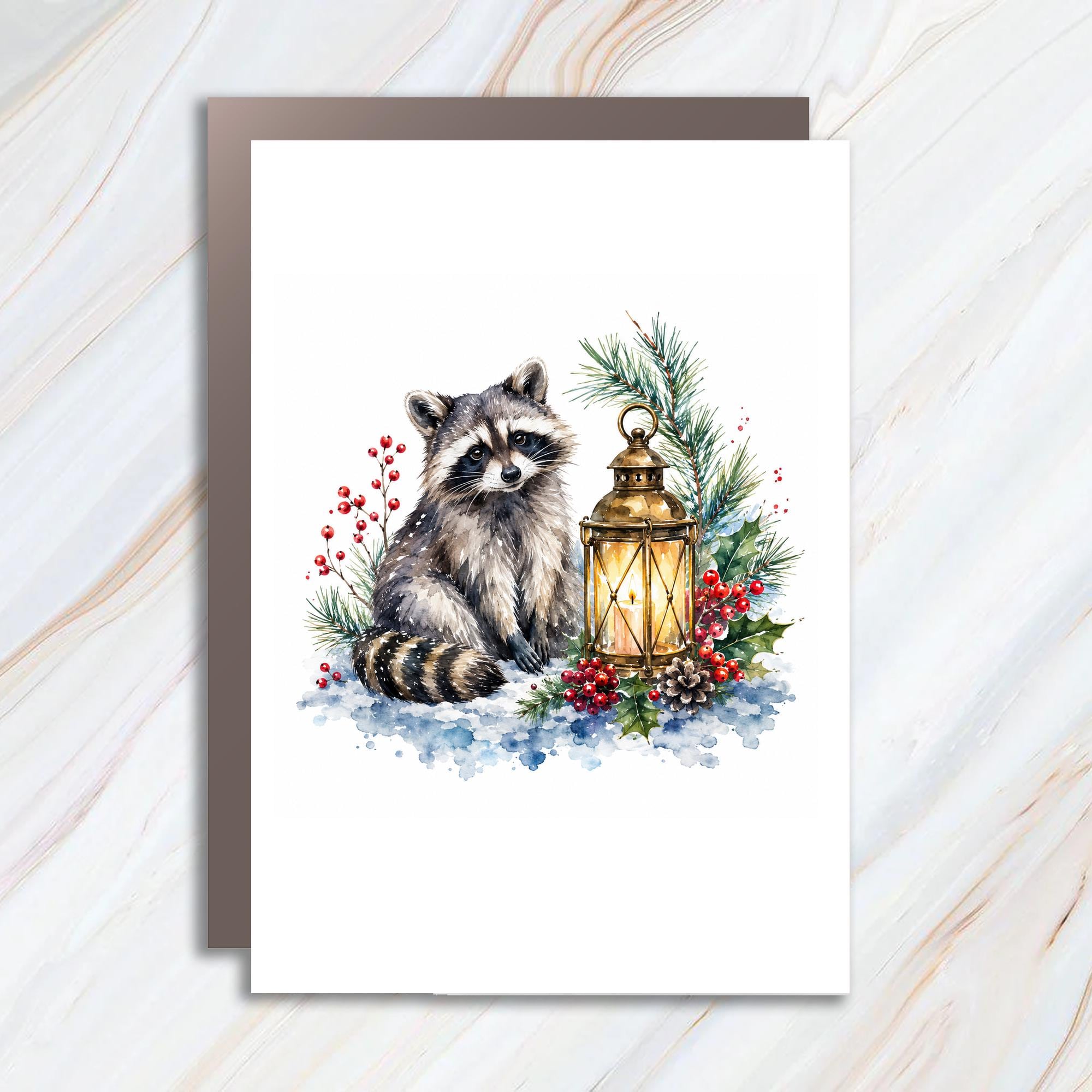 Raccoon Christmas Card Winter Lantern Scene Holiday Greeting Card Cute Animal Art For Nature Lover Festive Season Card C1127