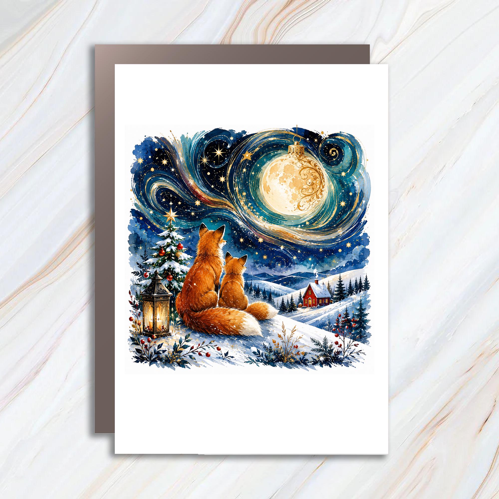 Foxes Under Starry Sky Christmas Card Winter Scene Holiday Greeting Card For Animal Lover Cute Festive Card Woodland Art C1125