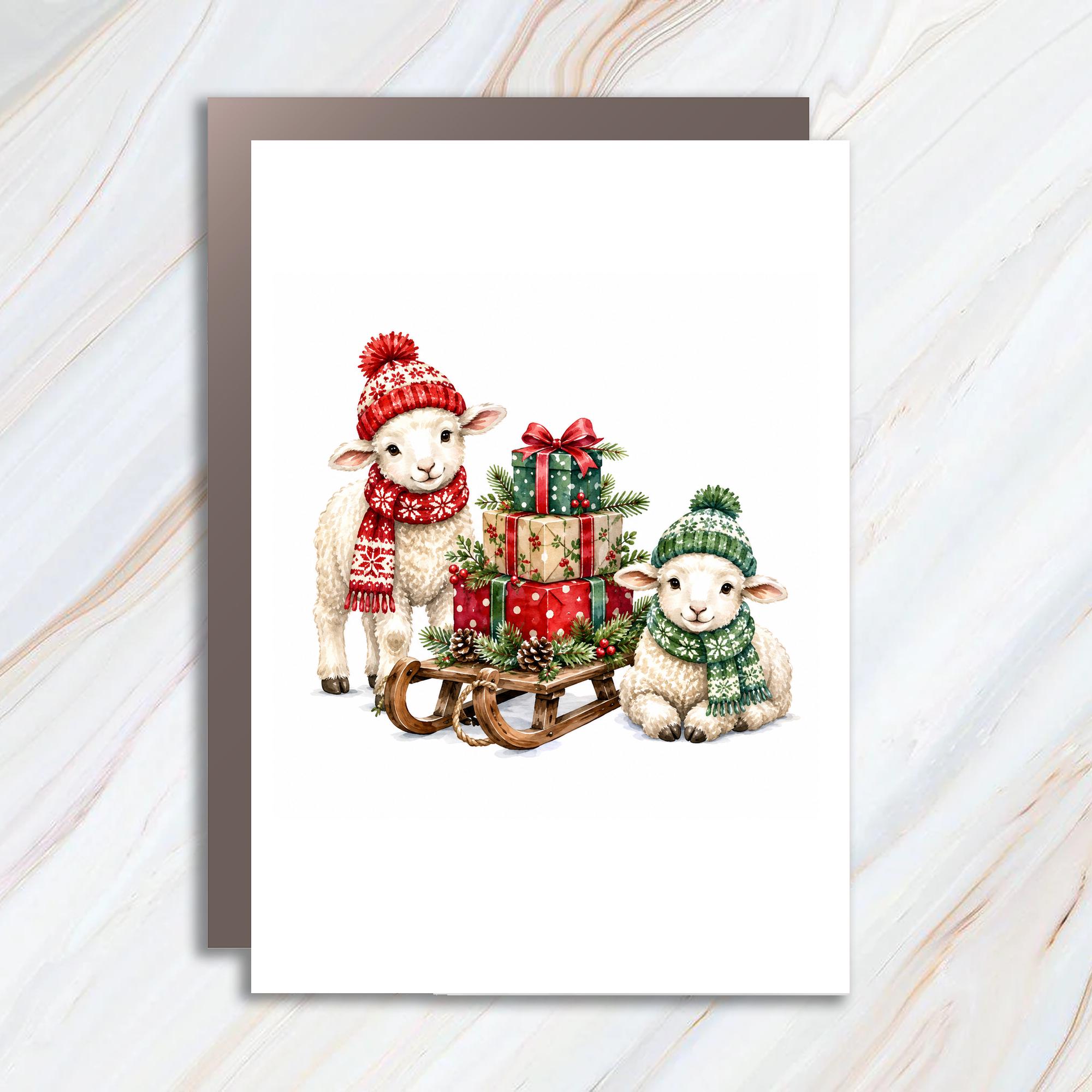 Lambs With Gifts Christmas Card Cute Holiday Greeting Card Winter Scene For Animal Lover Festive Sheep Card C1128