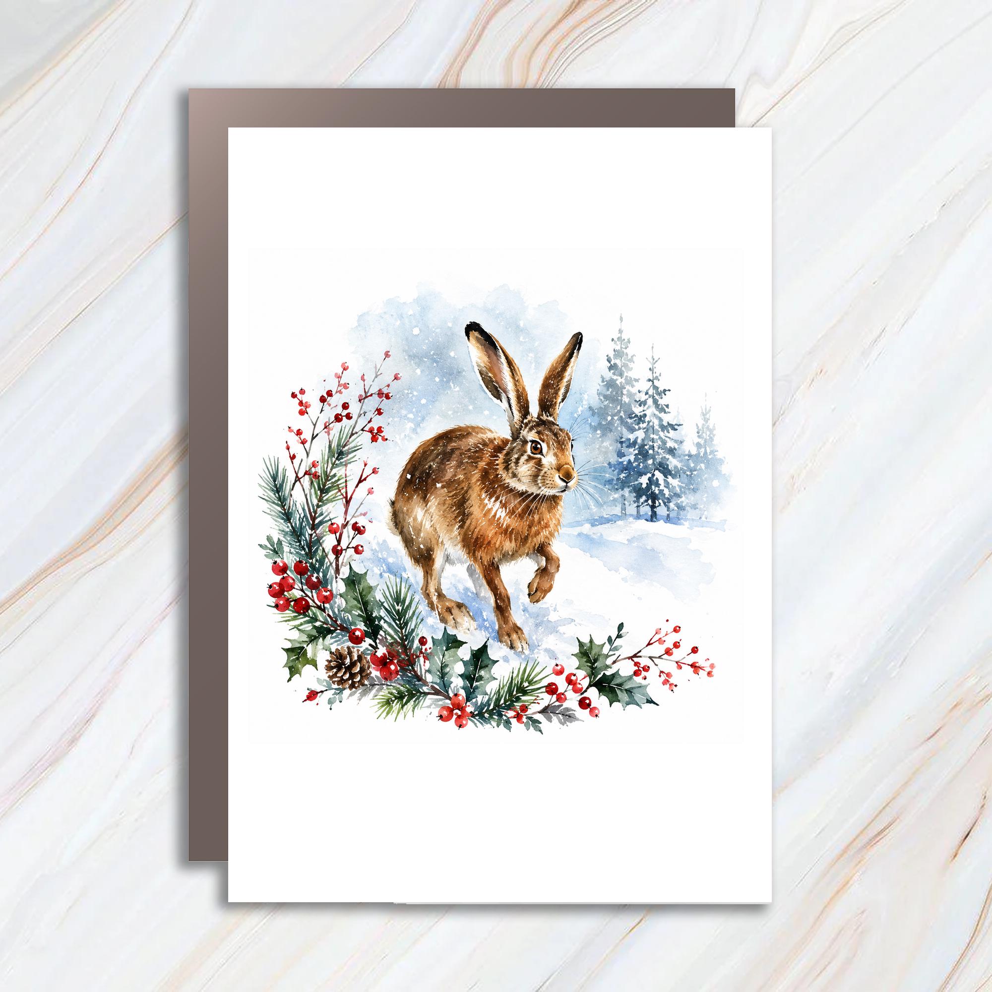 Winter Hare Christmas Card Watercolor Animal Greeting Card Holiday Card For Nature Lover Cute Snowy Scene C1129