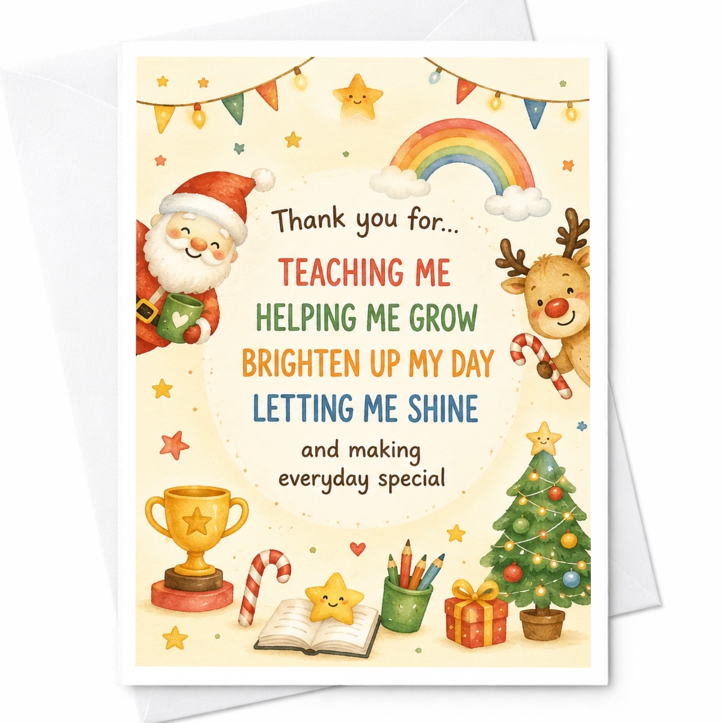 Thank You For Teaching Me Helping Me Grow Christmas Card Festive Holiday Card For Teacher Mentor Santa Reindeer C5014