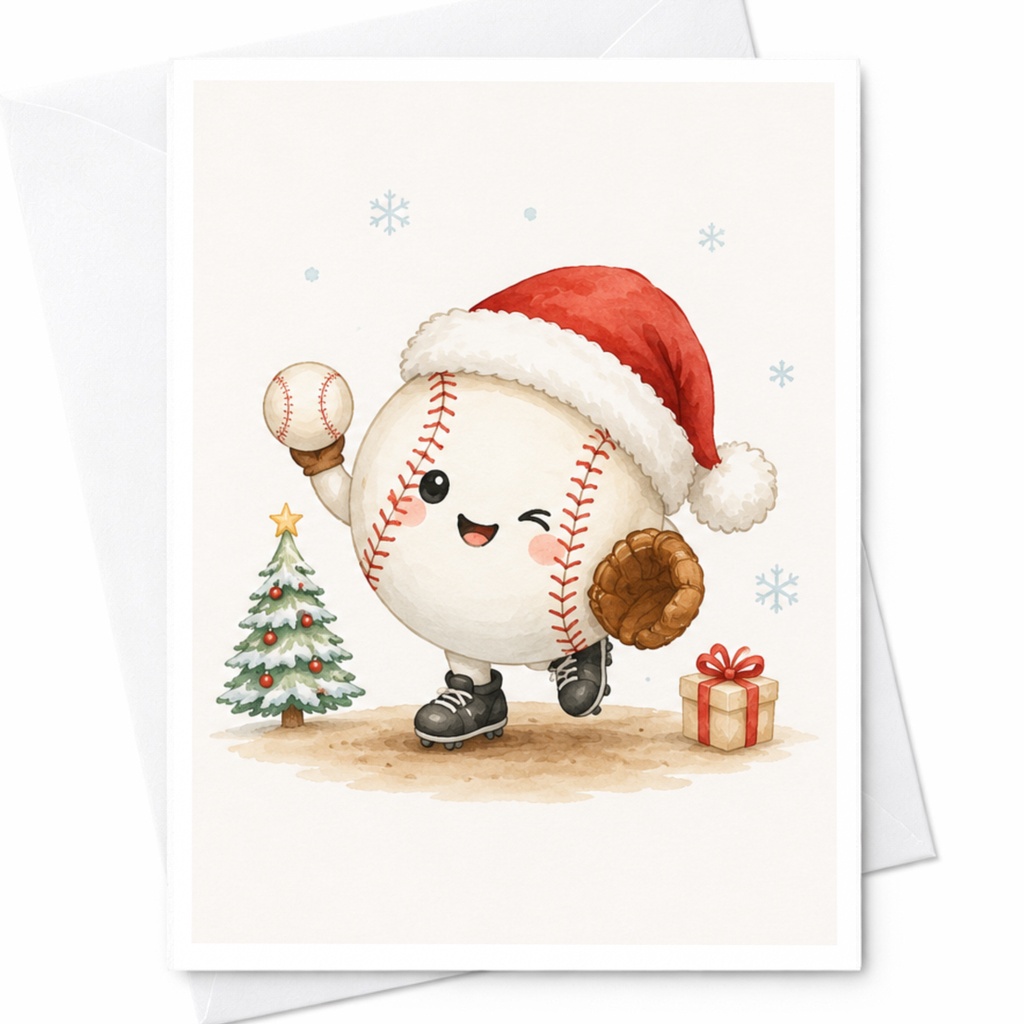 Santa Hat Baseball Christmas Greeting Card Cute Holiday Card For Sports Lover Festive Winter Card With Tree And Gift C5016