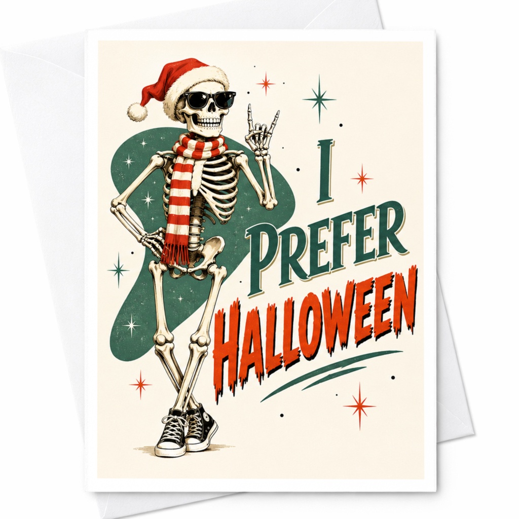I Prefer Halloween Funny Halloween Card Skeleton Santa Hat Christmas Crossover Greeting Card For Friends Holiday C5017