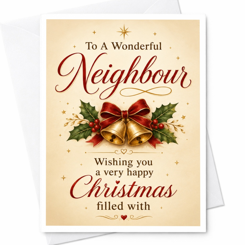To A Wonderful Neighbour Wishing You A Very Happy Christmas Card Festive Bells Holly Holiday Greeting Card C5023