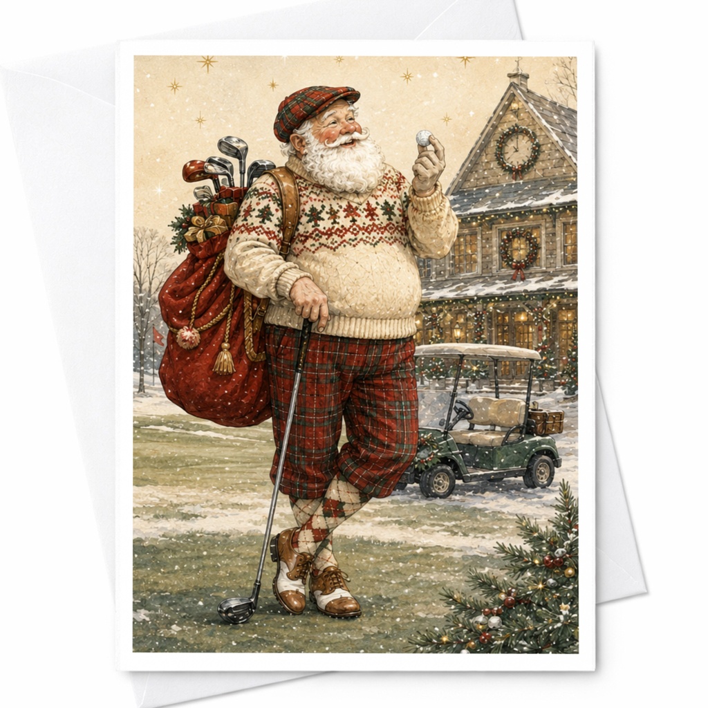 Santa Golfing Christmas Card Festive Holiday Greeting Card For Golf Lovers Seasonal Santa Claus Card Winter Scene C5026