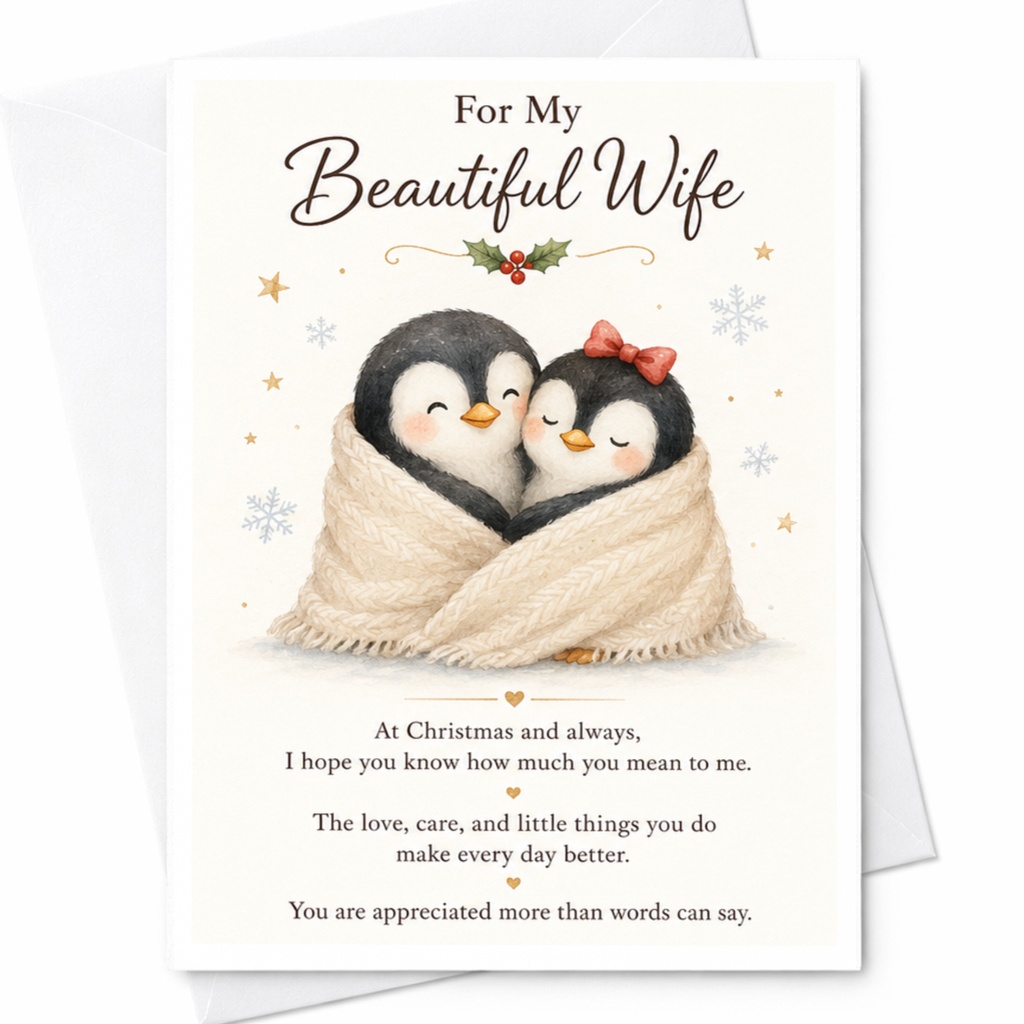 For My Beautiful Wife Christmas Card Cute Penguins Wrapped In Scarf Holiday Greeting Card For Wife Romantic Christmas Card C5027