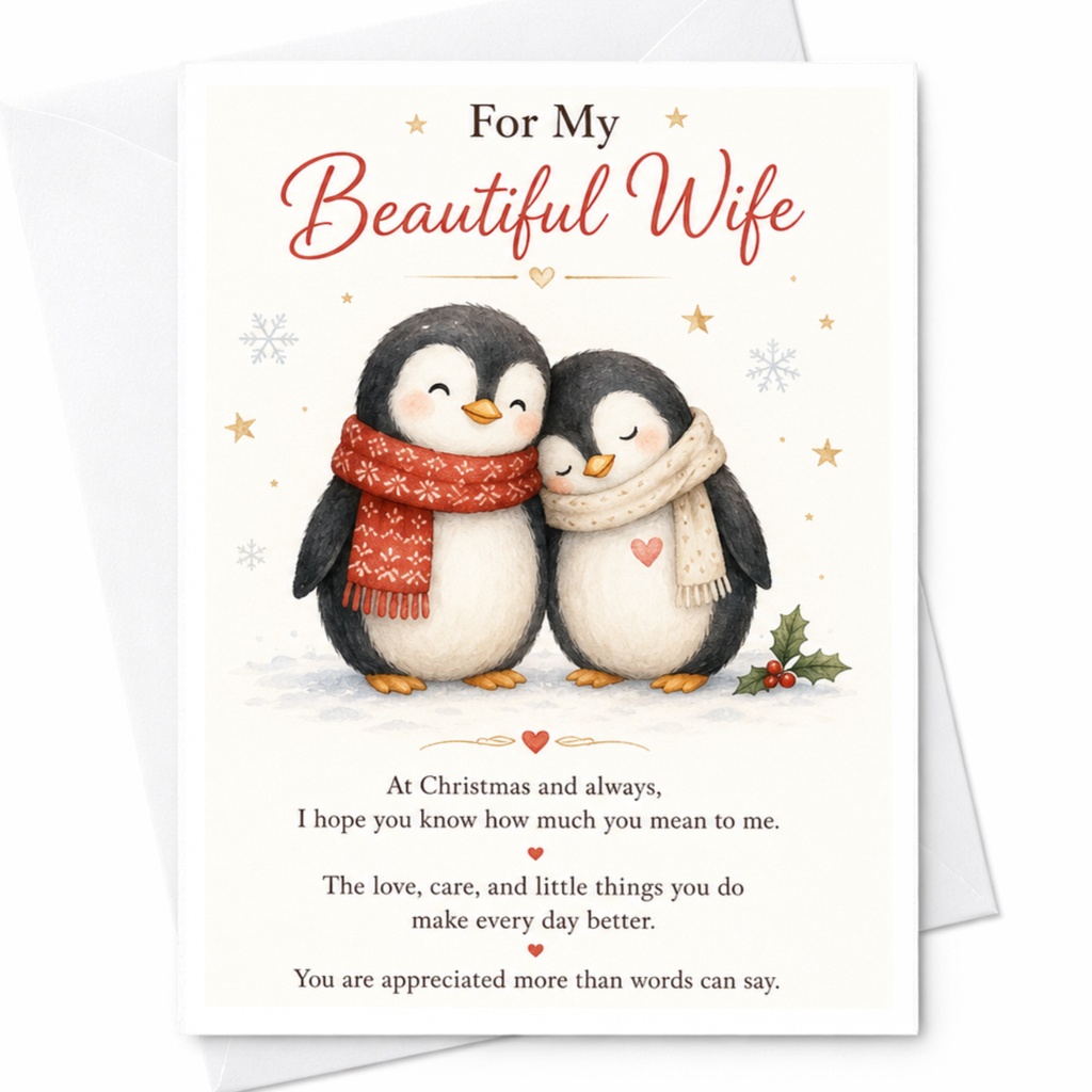 For My Beautiful Wife Christmas Card Cute Penguins Holiday Greeting Card For Wife Romantic Christmas Card For Her C5028