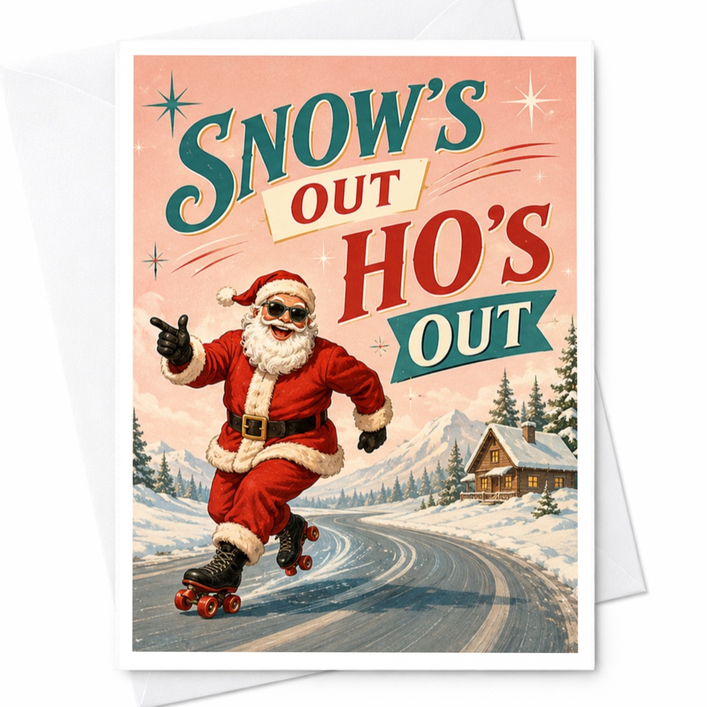 Snow's Out Ho's Out Funny Santa Christmas Card Holiday Greeting Card Vintage Style Santa Claus Roller Skating Festive C5030