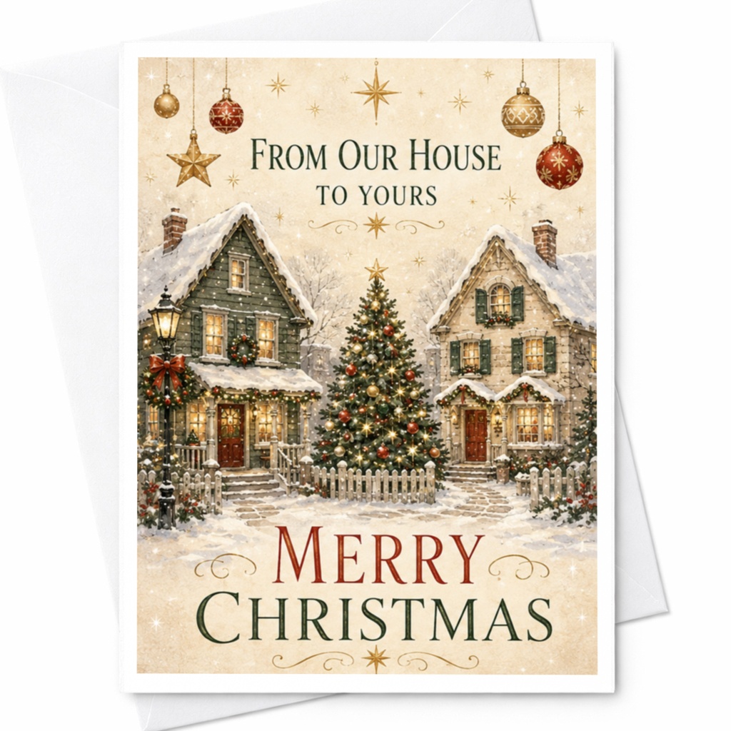 From Our House To Yours Merry Christmas Card Festive Holiday Greeting Card Snowy Cabin Scene For Family Friends C5031