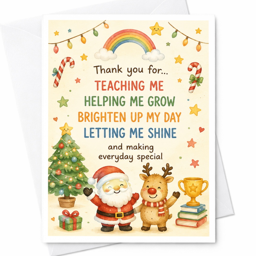 Thank You For Teaching Me Helping Me Grow Christmas Card Festive Holiday Greeting Card For Teacher Mentor Santa Reindeer C5013