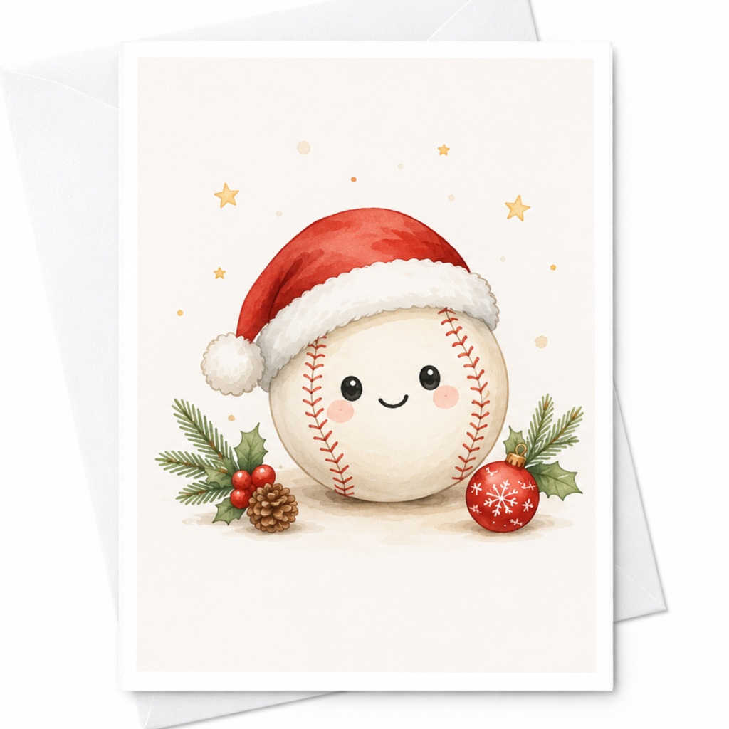 Santa Hat Baseball Christmas Greeting Card Cute Holiday Card For Sports Lover Festive Winter Card With Pinecones And Ornaments C5015