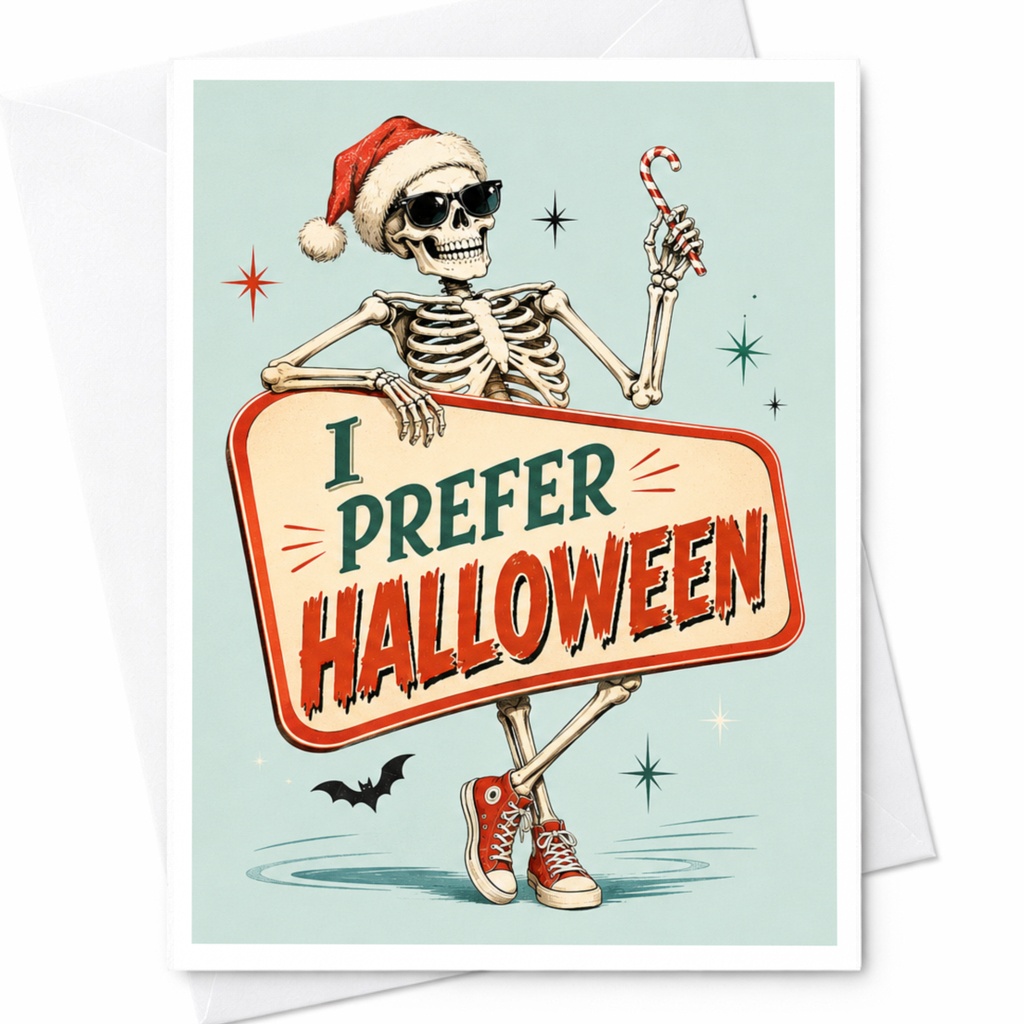 I Prefer Halloween Funny Skeleton Christmas Card Halloween Greeting Card Santa Hat Candy Cane Holiday Card C5018