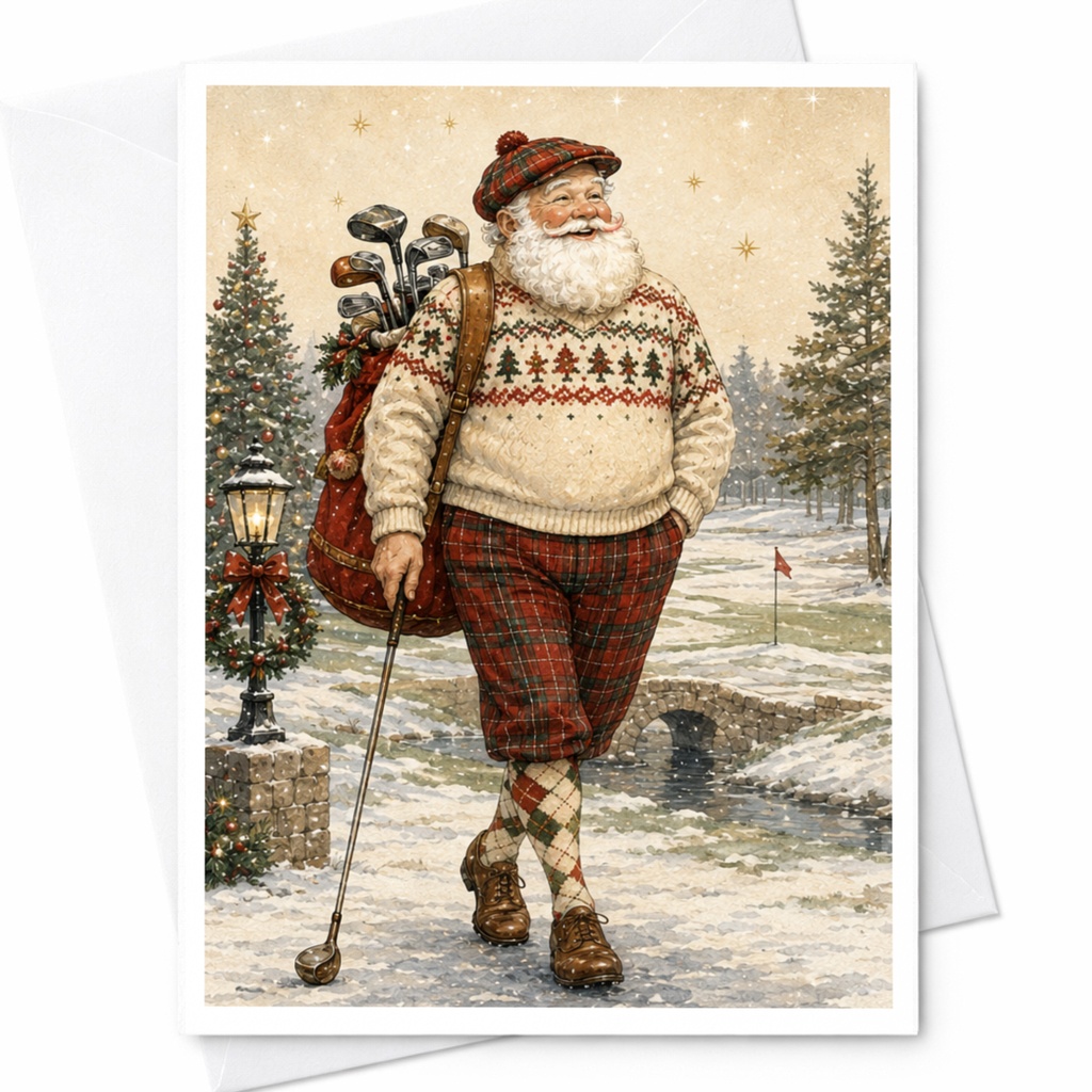 Santa Golfing Christmas Card Festive Holiday Greeting Card For Golf Lovers Winter Scene Seasonal Card With Santa Claus C5025