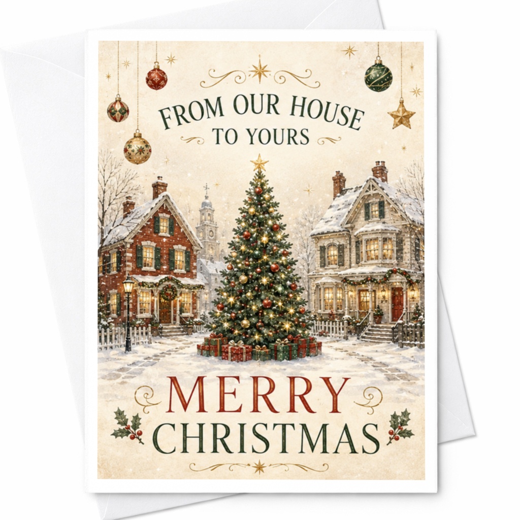 From Our House To Yours Merry Christmas Holiday Card Festive Greeting Card Snowy Cabin Scene For Family Friends C5032