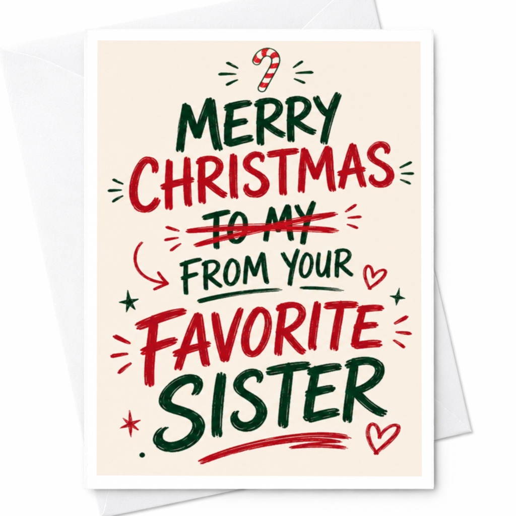 Merry Christmas From Your Favorite Sister Funny Christmas Card For Sister Holiday Greeting Card Cute Xmas Card For Her C5036
