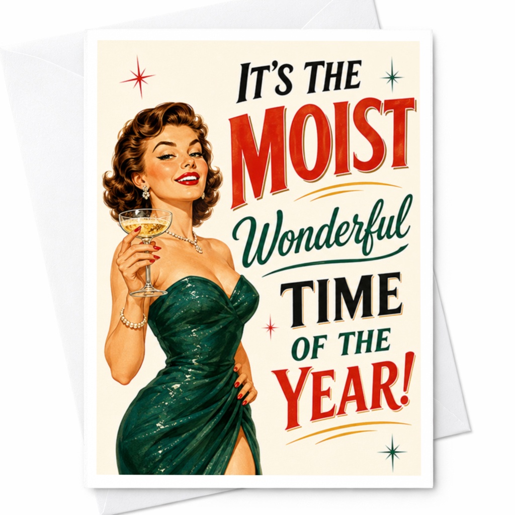 It's The Moist Wonderful Time Of The Year! Funny Christmas Card Retro Holiday Greeting Card For Her Vintage Style C5041